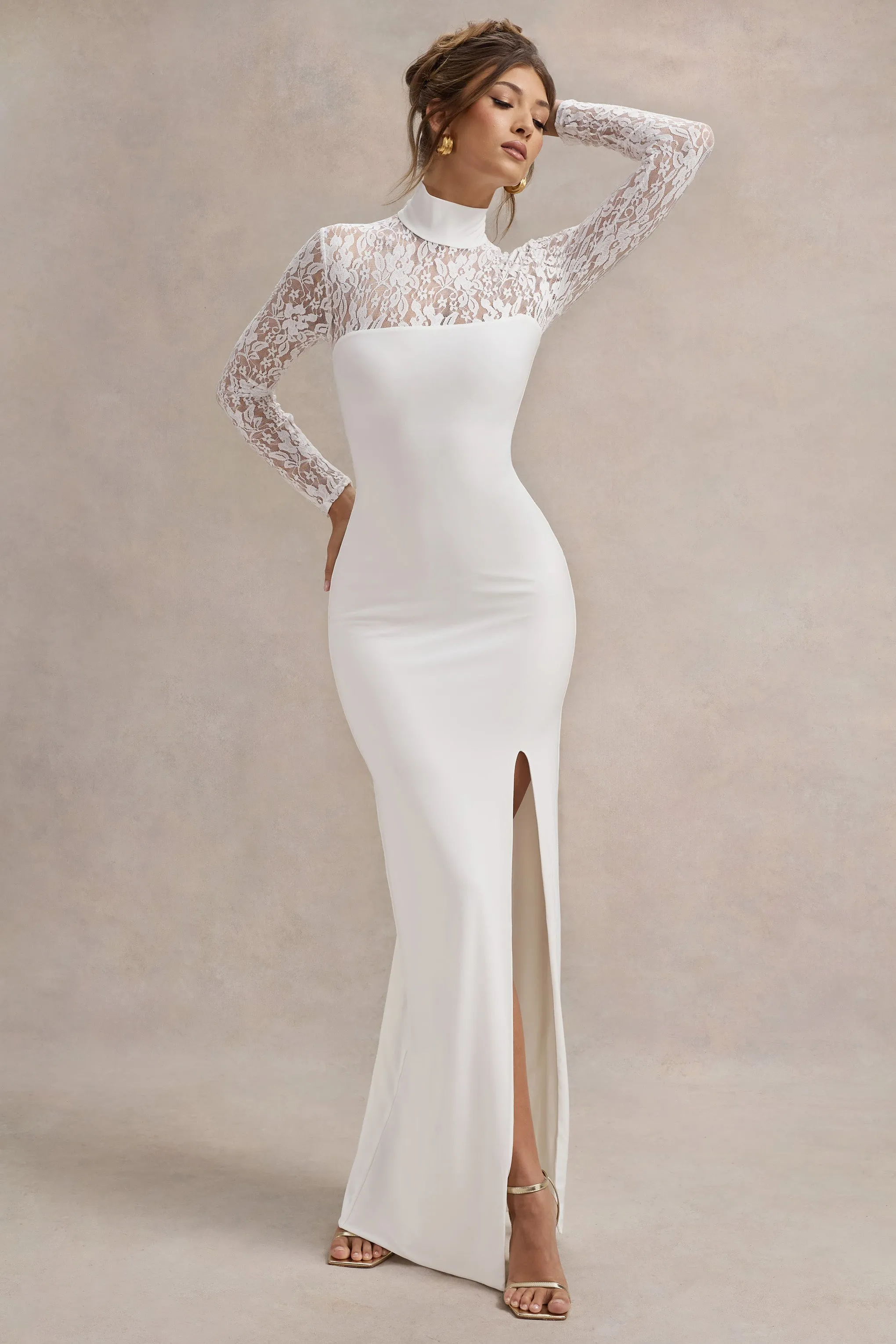 Arden | White High-Neck Split Maxi Dress With Lace Sleeves Club L London