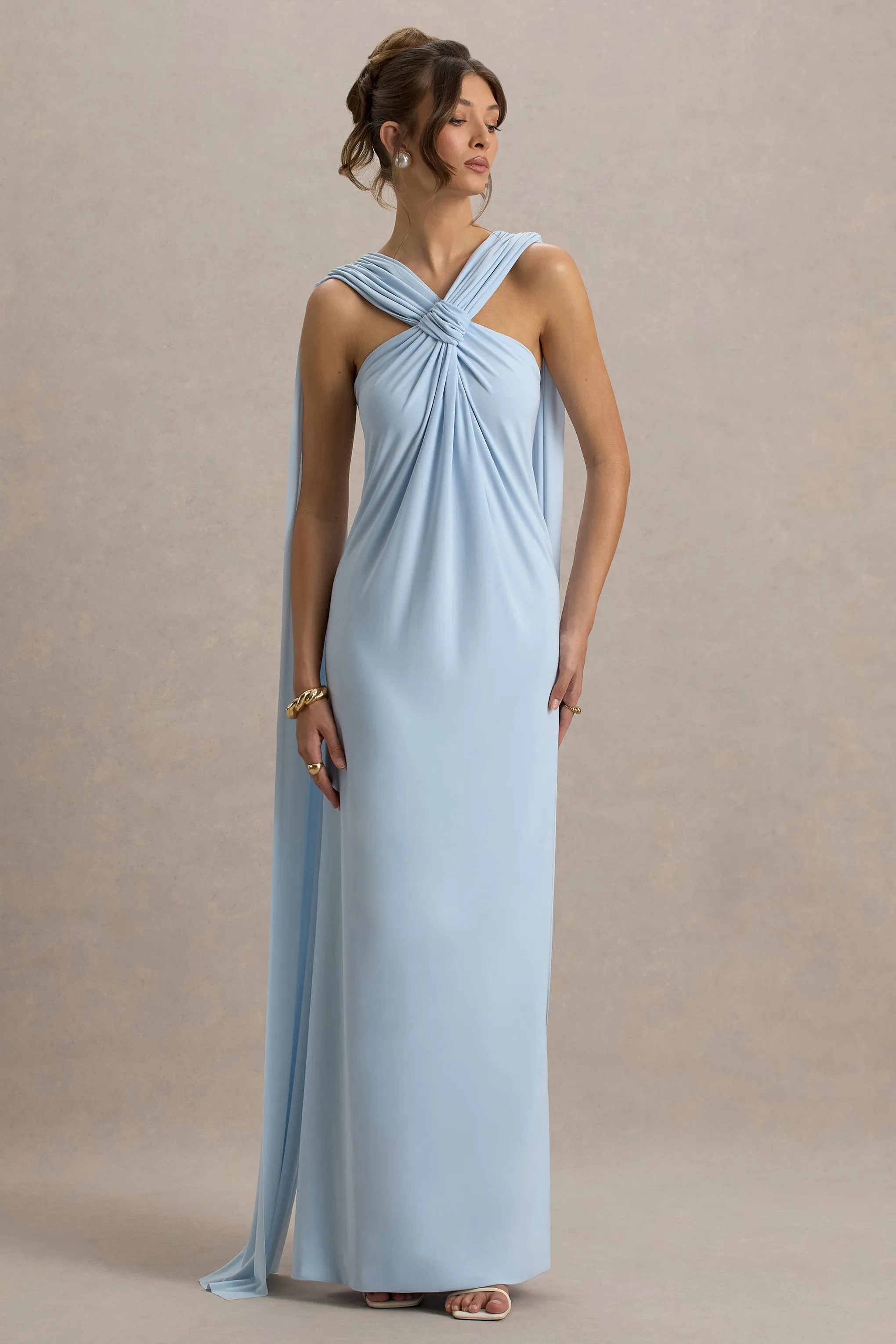 Ariana | Powder Blue Cross-Neck Maxi Dress With Cape Club L London