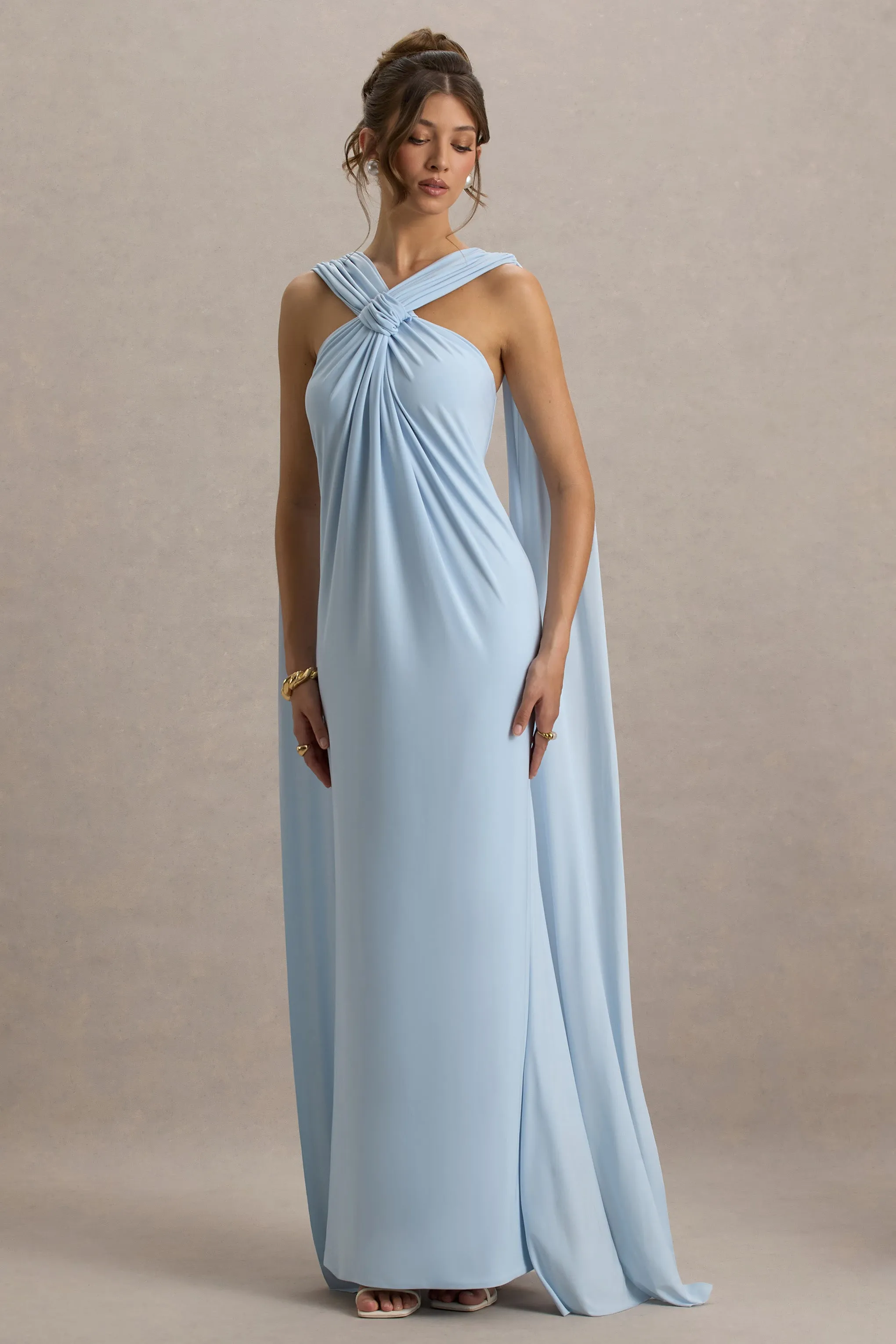 Ariana | Powder Blue Cross-Neck Maxi Dress With Cape Club L London