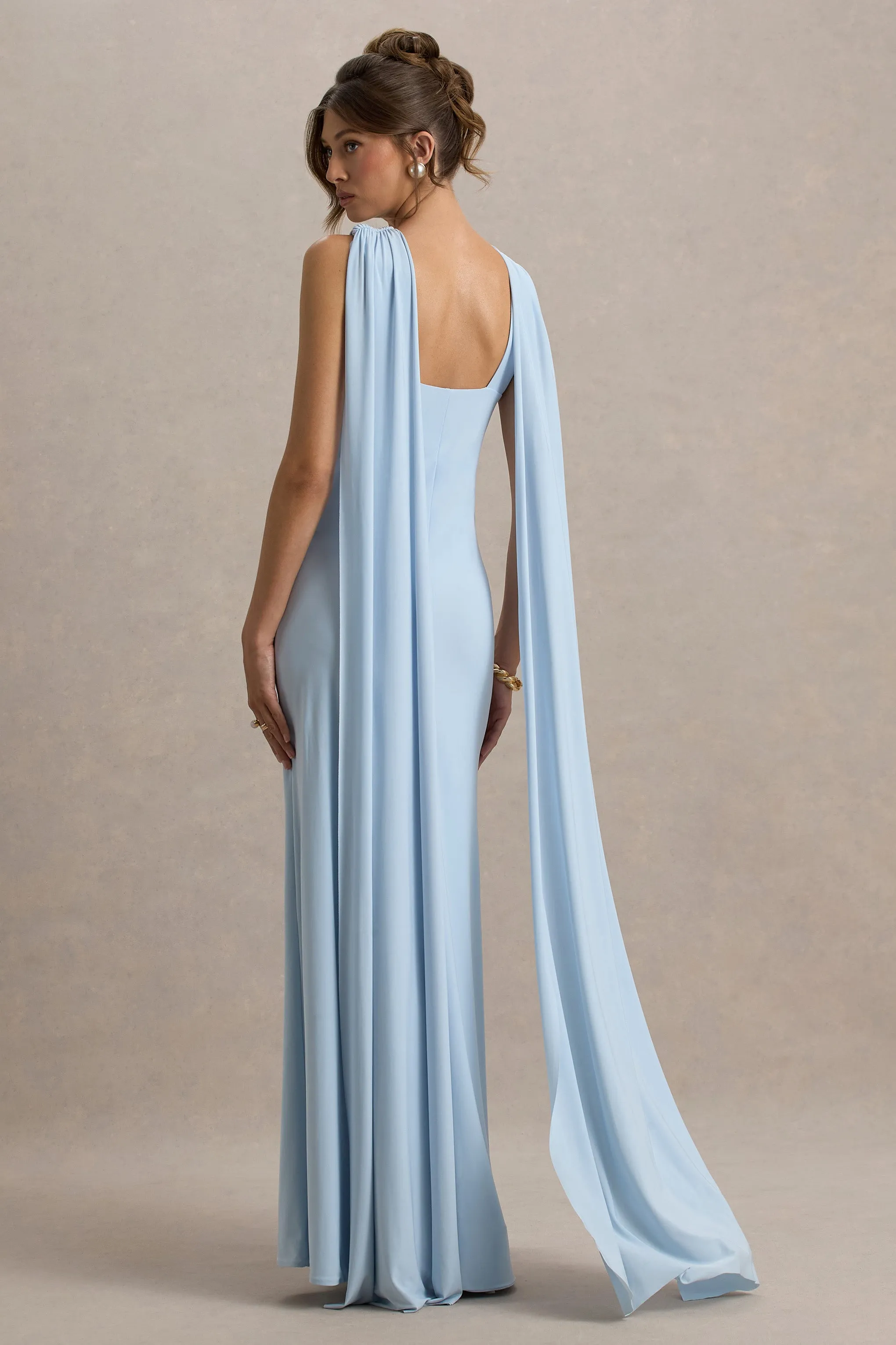 Ariana | Powder Blue Cross-Neck Maxi Dress With Cape Club L London
