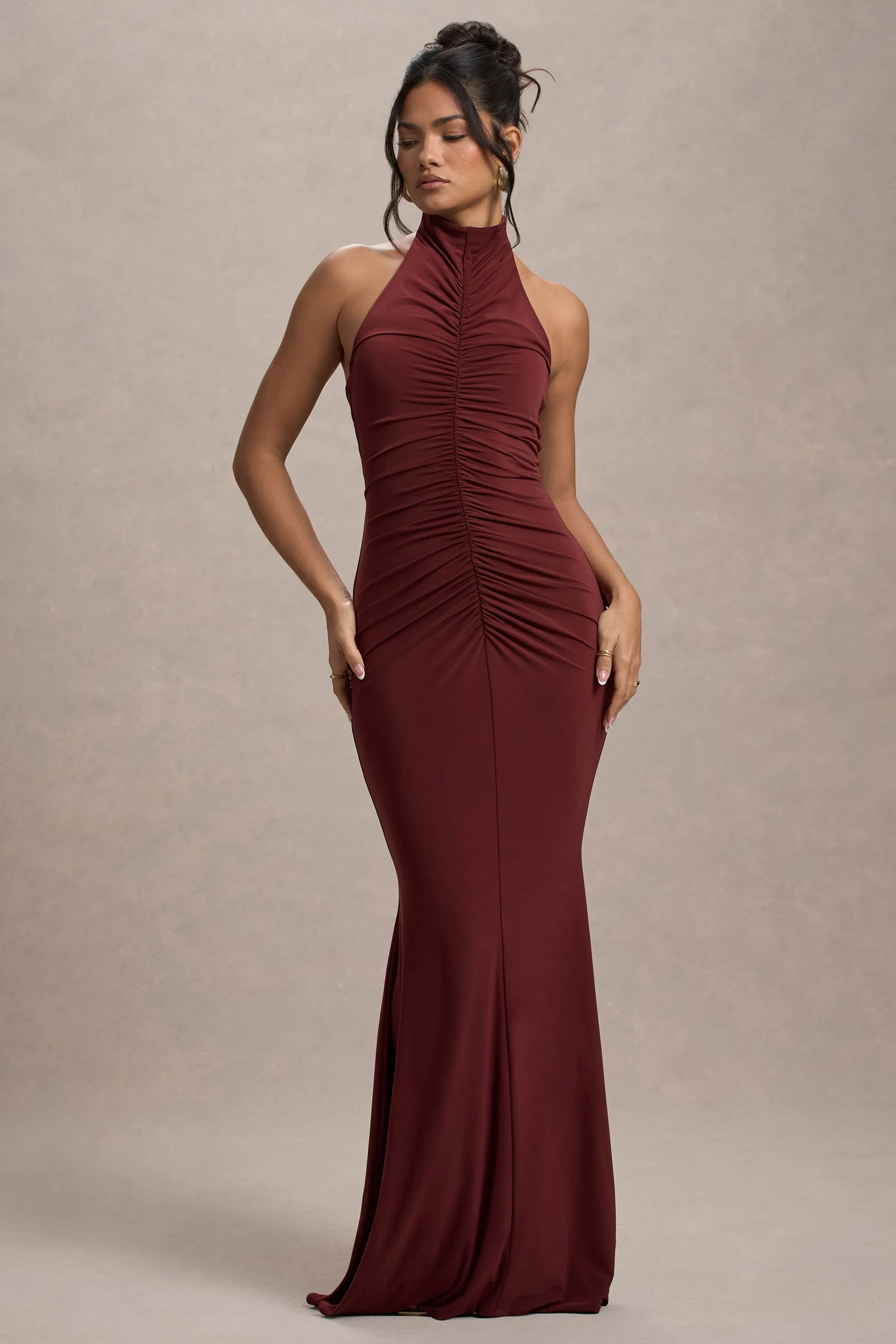 Arietta | Port High-Neck Ruched Fishtail Maxi Dress Club L London