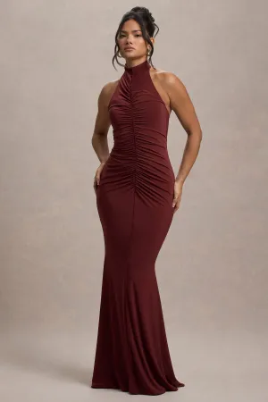 Arietta | Port High-Neck Ruched Fishtail Maxi Dress Club L London