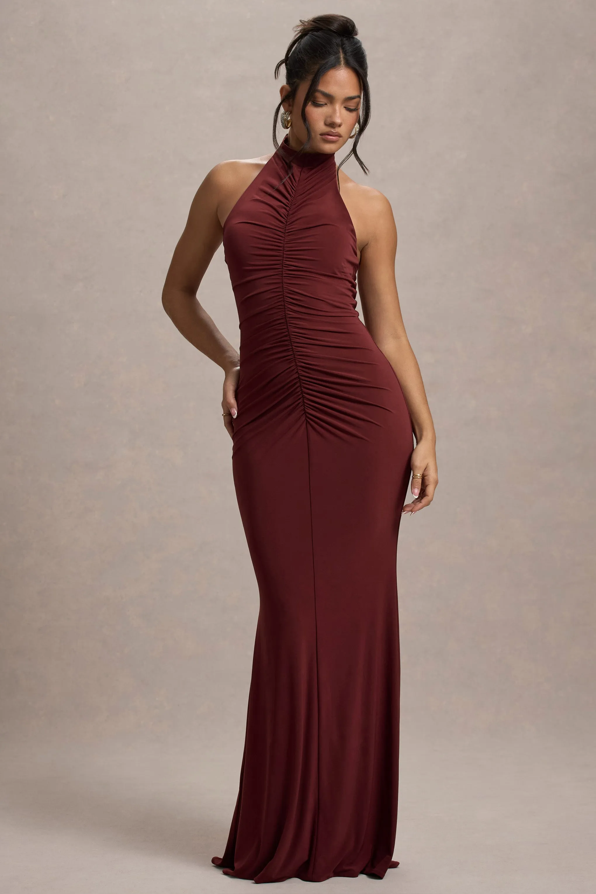 Arietta | Port High-Neck Ruched Fishtail Maxi Dress Club L London