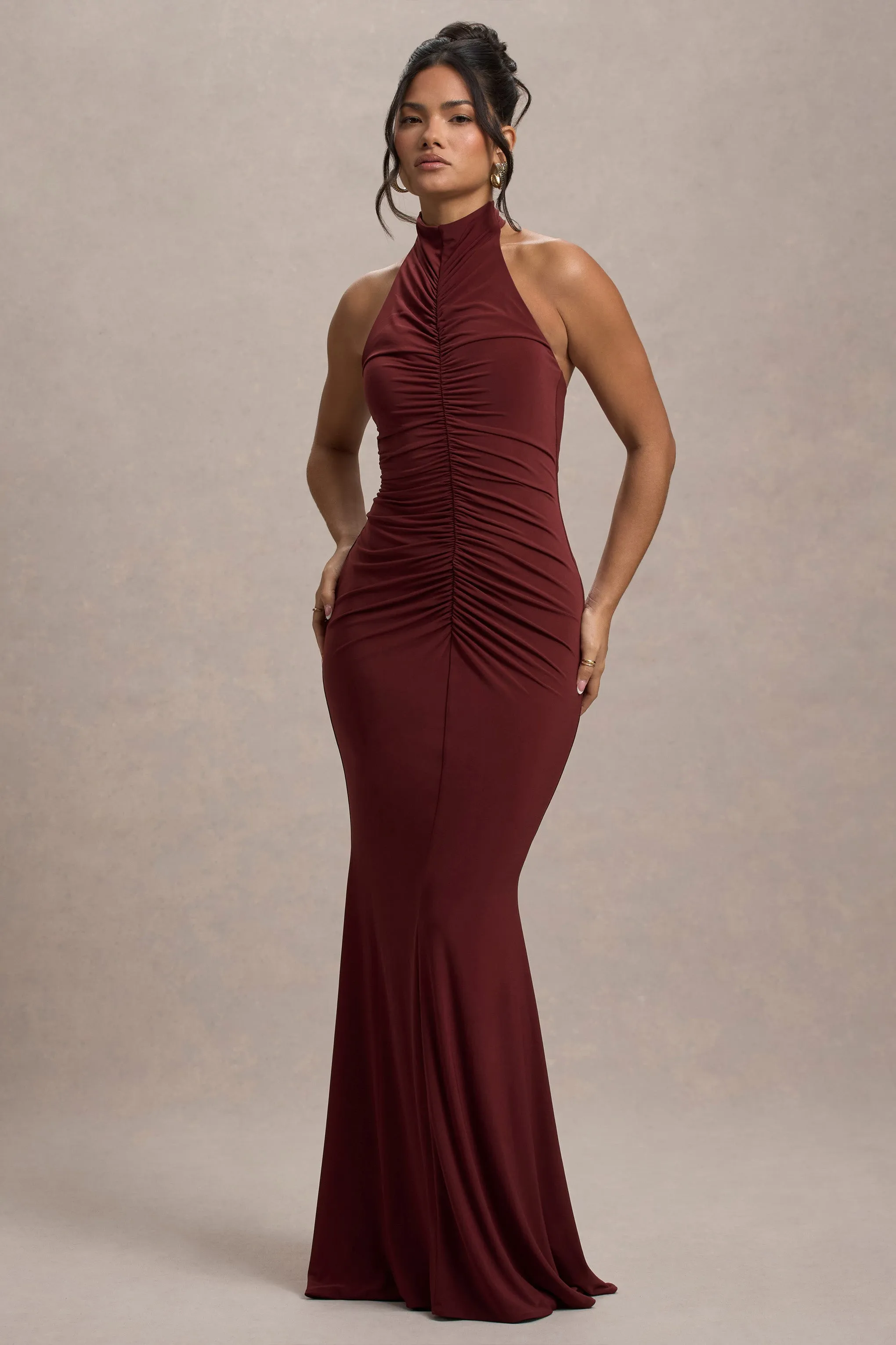 Arietta | Port High-Neck Ruched Fishtail Maxi Dress Club L London