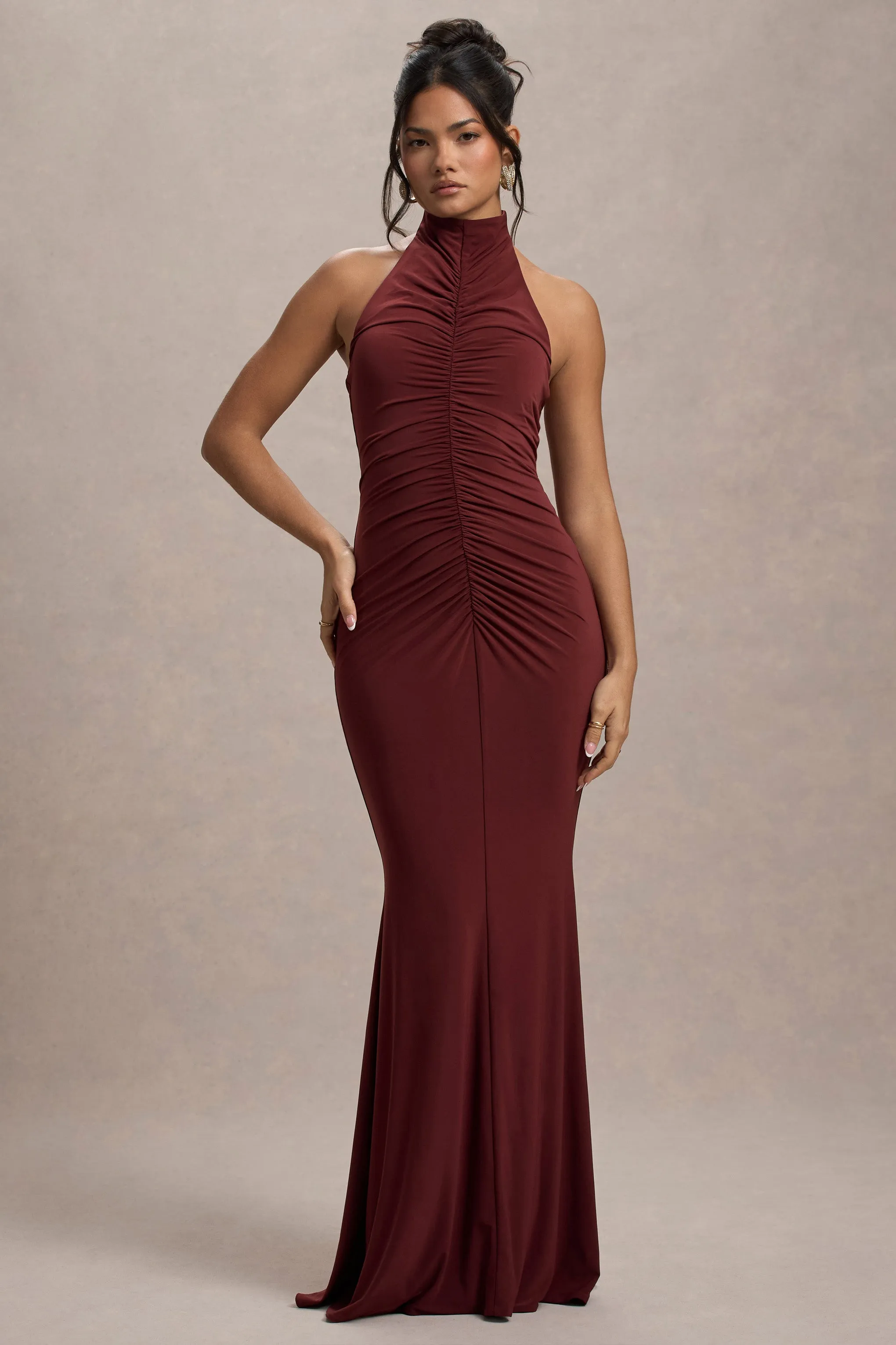 Arietta | Port High-Neck Ruched Fishtail Maxi Dress Club L London
