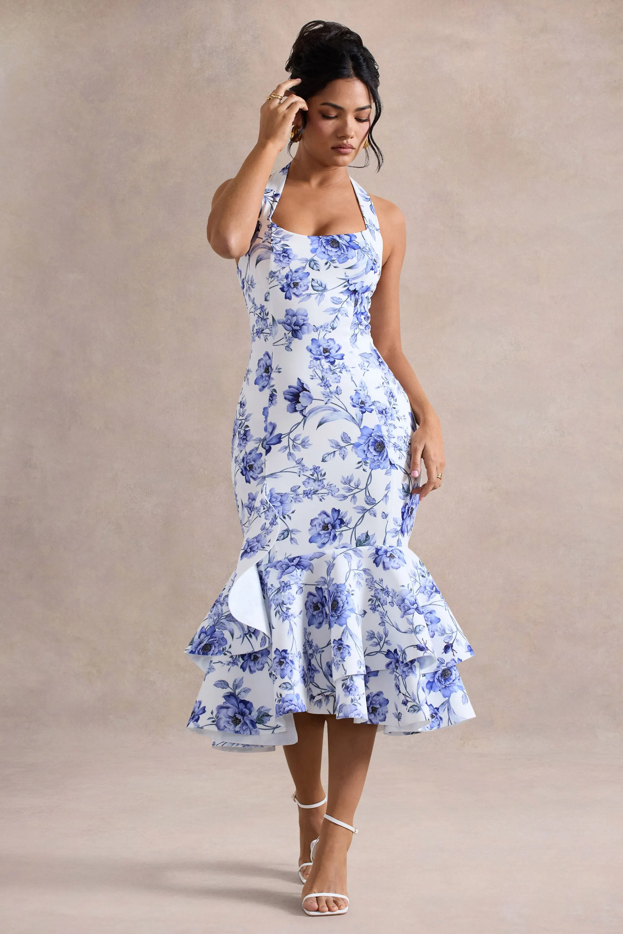 Arla | Blue Floral Print Halter-Neck Ruffle Trim Midi Dress Club L London