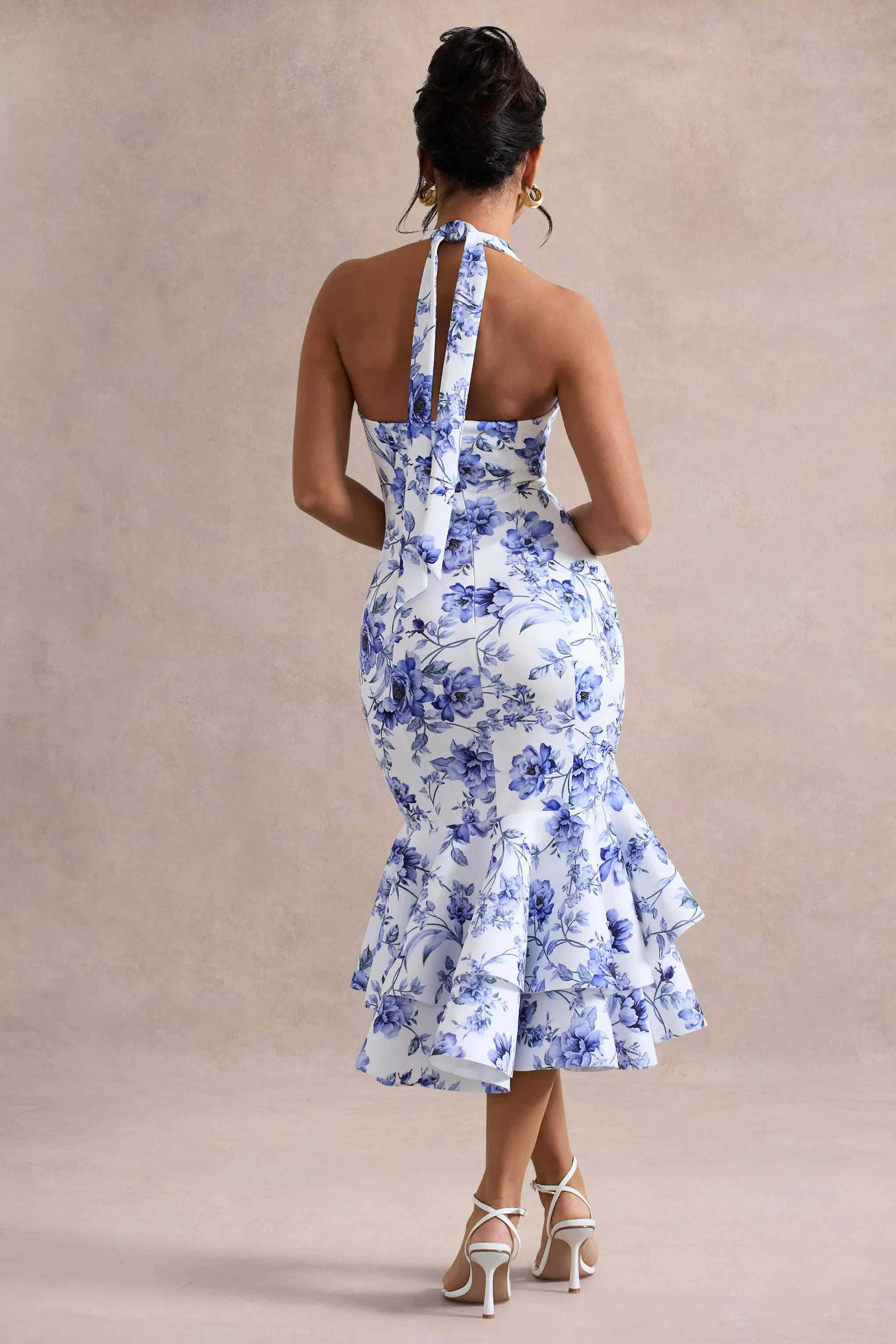 Arla | Blue Floral Print Halter-Neck Ruffle Trim Midi Dress Club L London