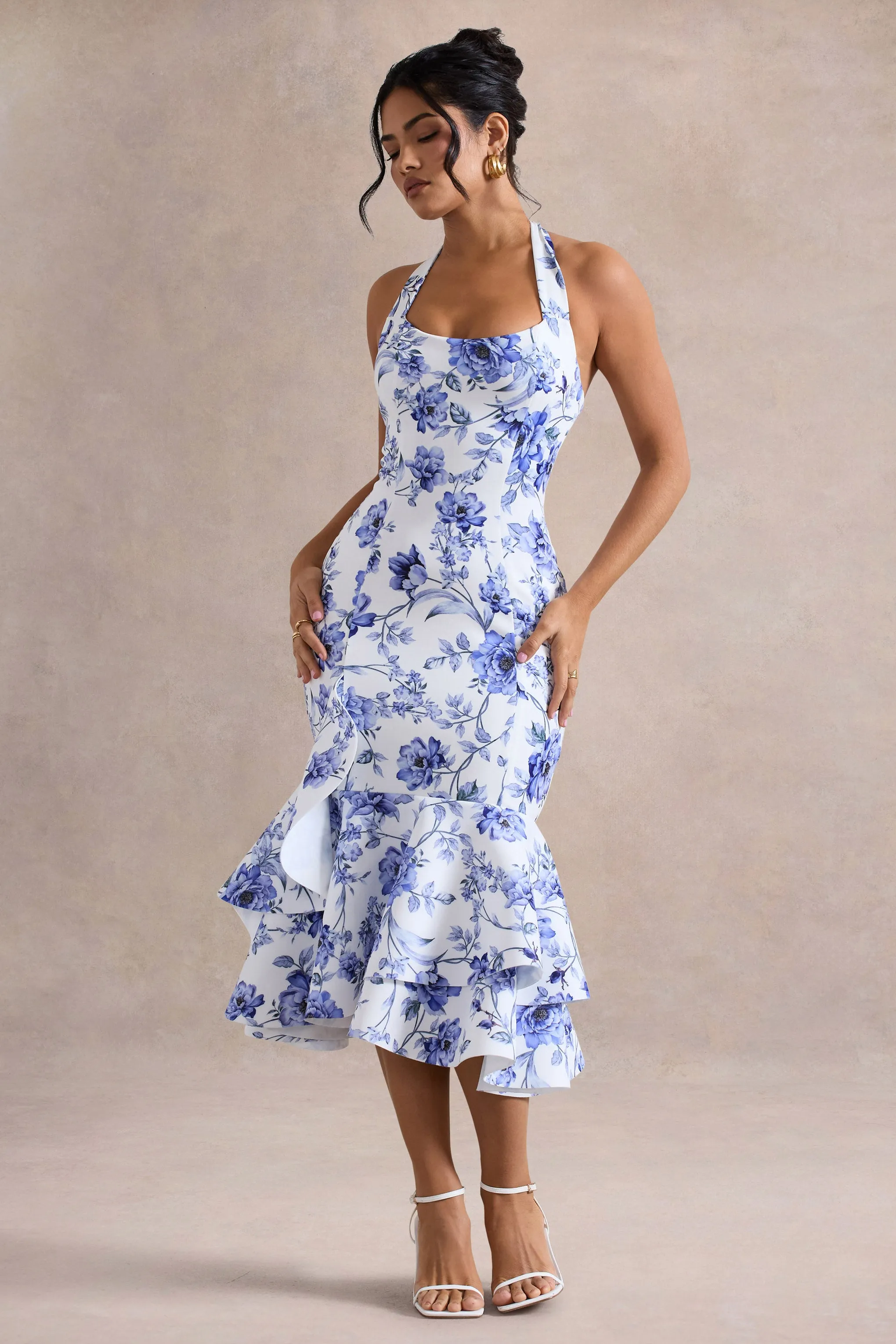 Arla | Blue Floral Print Halter-Neck Ruffle Trim Midi Dress Club L London