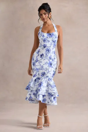 Arla | Blue Floral Print Halter-Neck Ruffle Trim Midi Dress Club L London