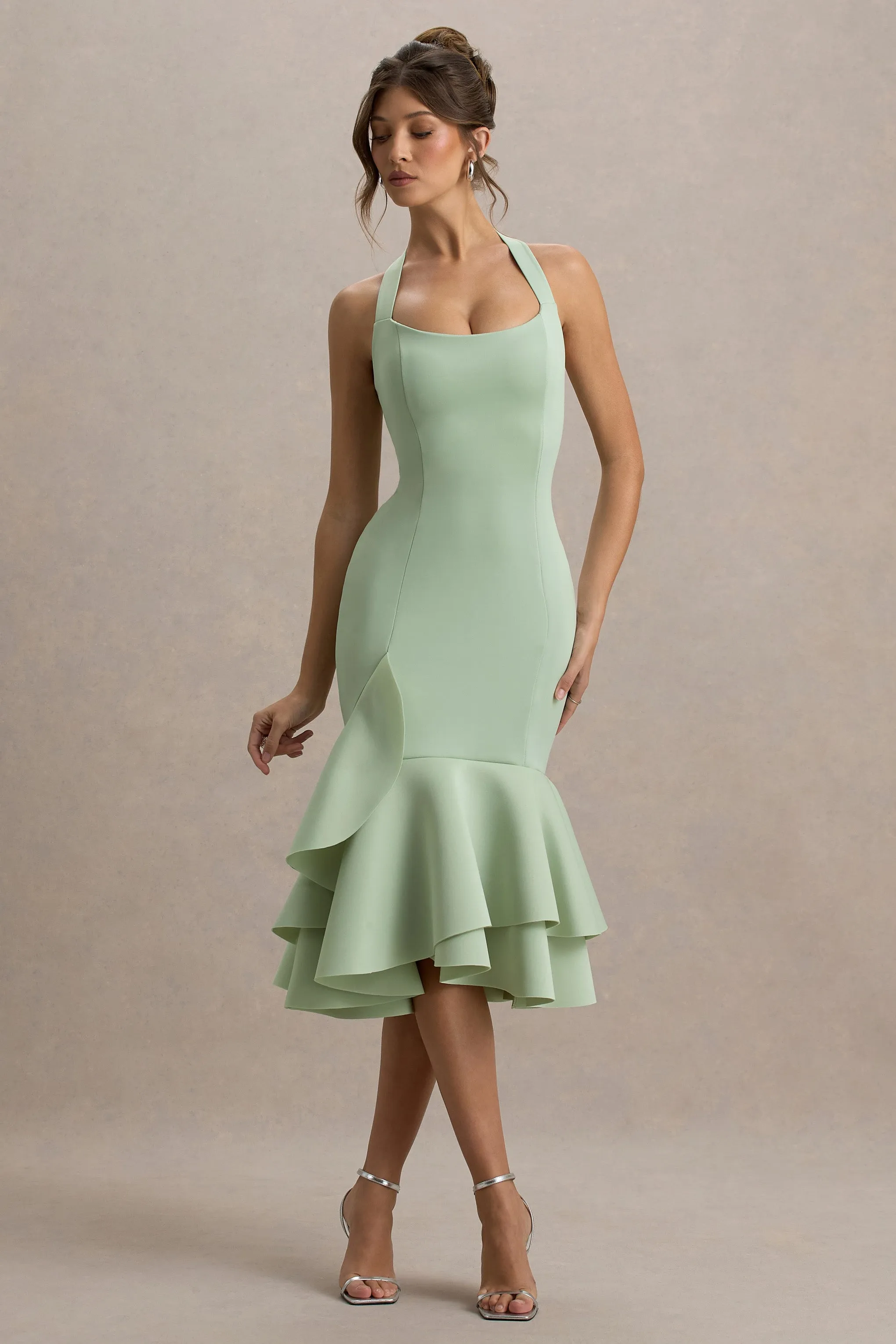 Arla | Light Green Halter Neck Ruffle Trim Midi Dress Club L London