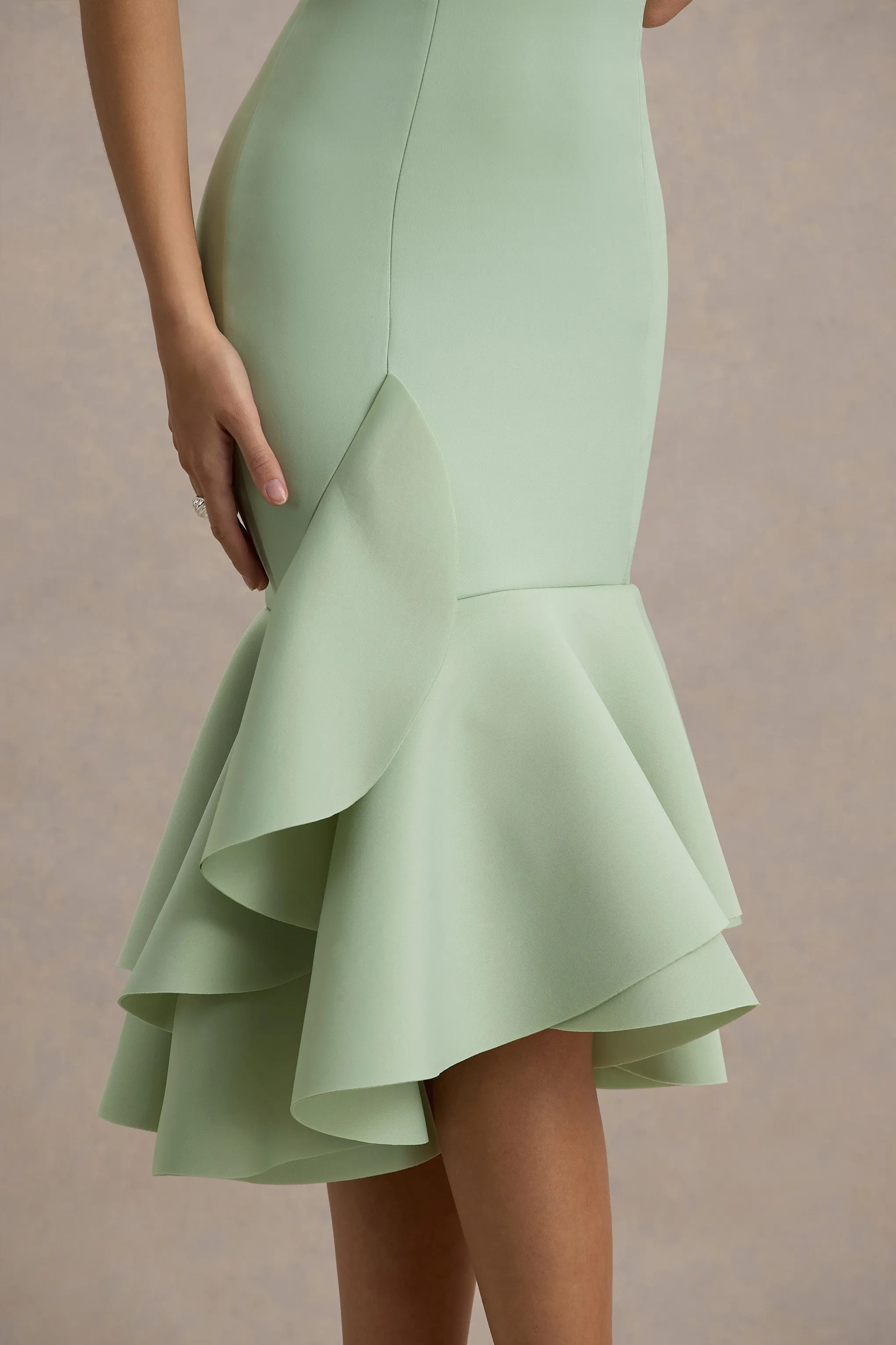 Arla | Light Green Halter Neck Ruffle Trim Midi Dress Club L London