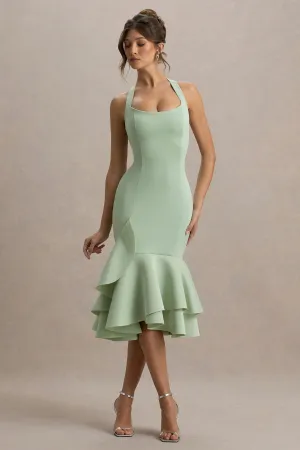 Arla | Light Green Halter Neck Ruffle Trim Midi Dress Club L London