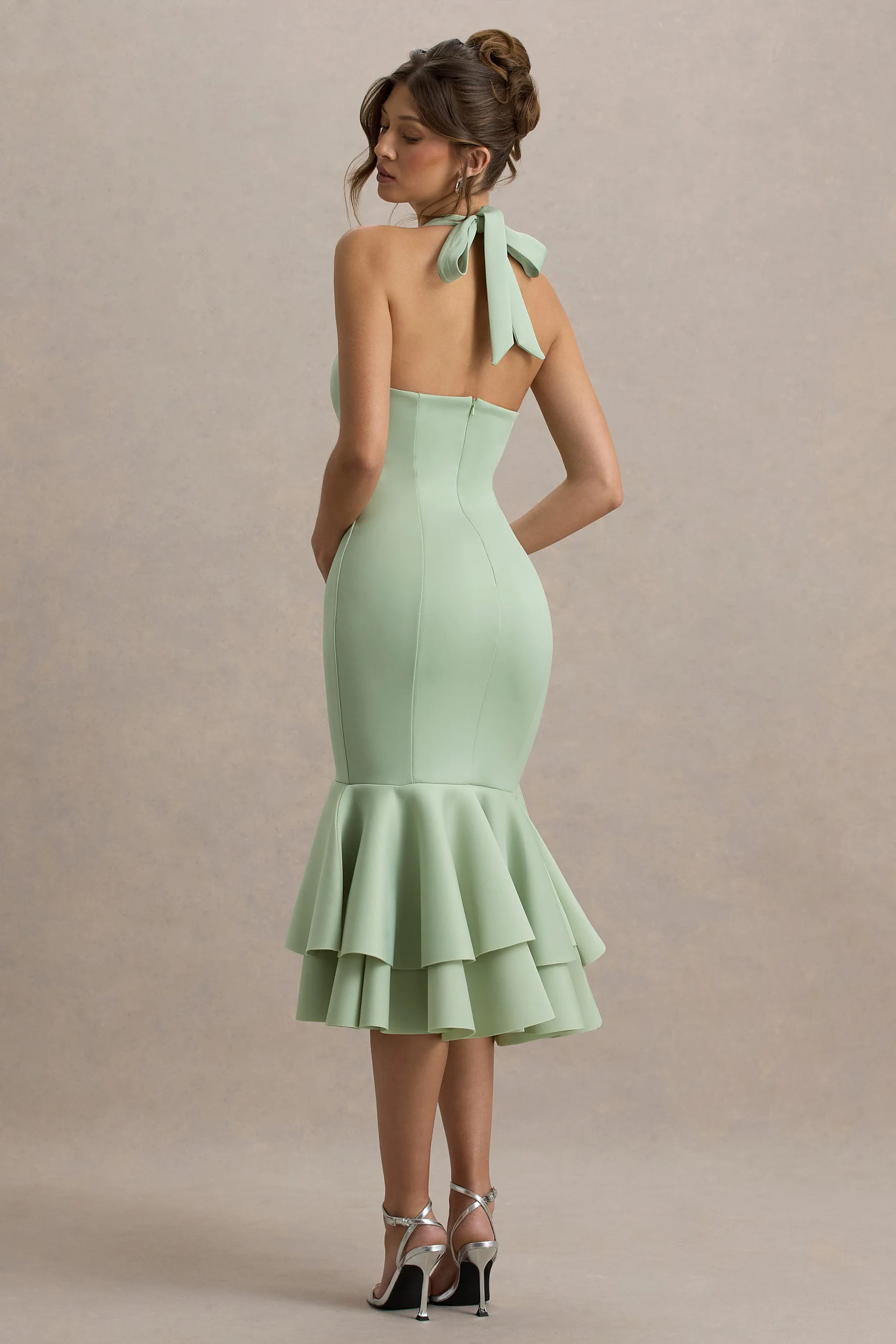 Arla | Light Green Halter Neck Ruffle Trim Midi Dress Club L London