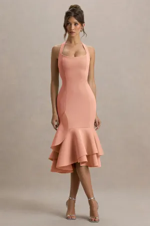 Arla | Pink Halter Neck Ruffle Trim Midi Dress Club L London