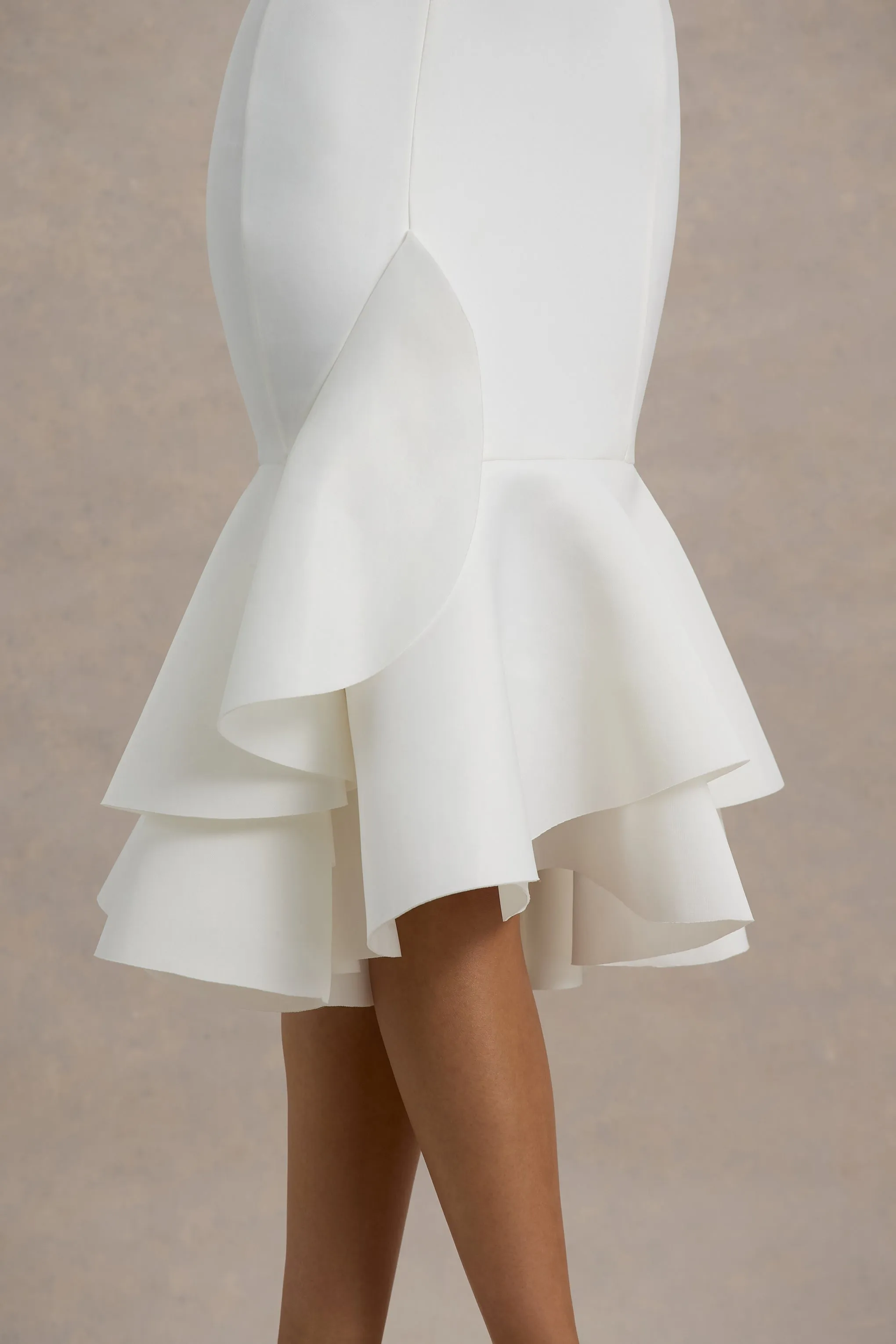 Arla | White Halter Neck Ruffle Trim Midi Dress Club L London