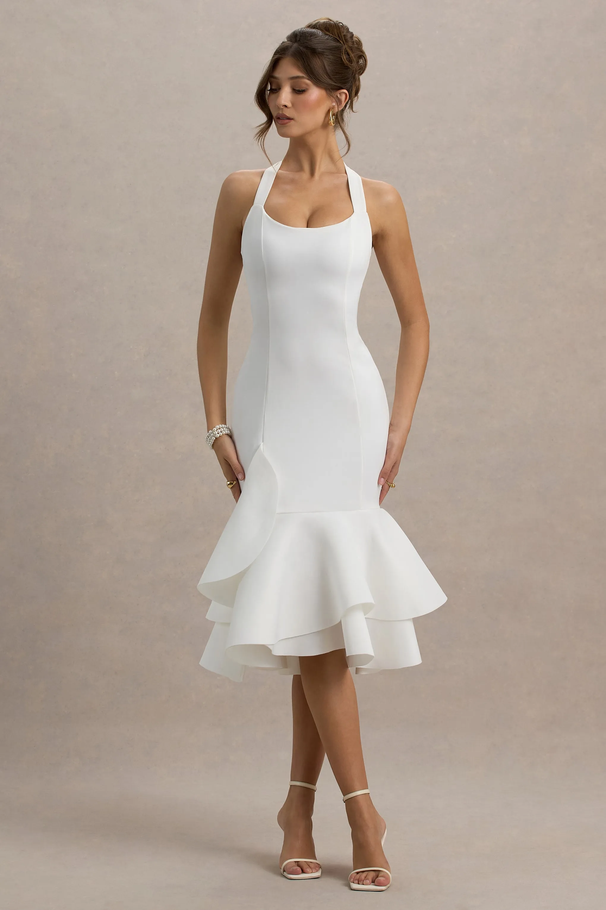 Arla | White Halter Neck Ruffle Trim Midi Dress Club L London