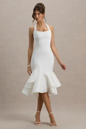 Arla | White Halter Neck Ruffle Trim Midi Dress Club L London