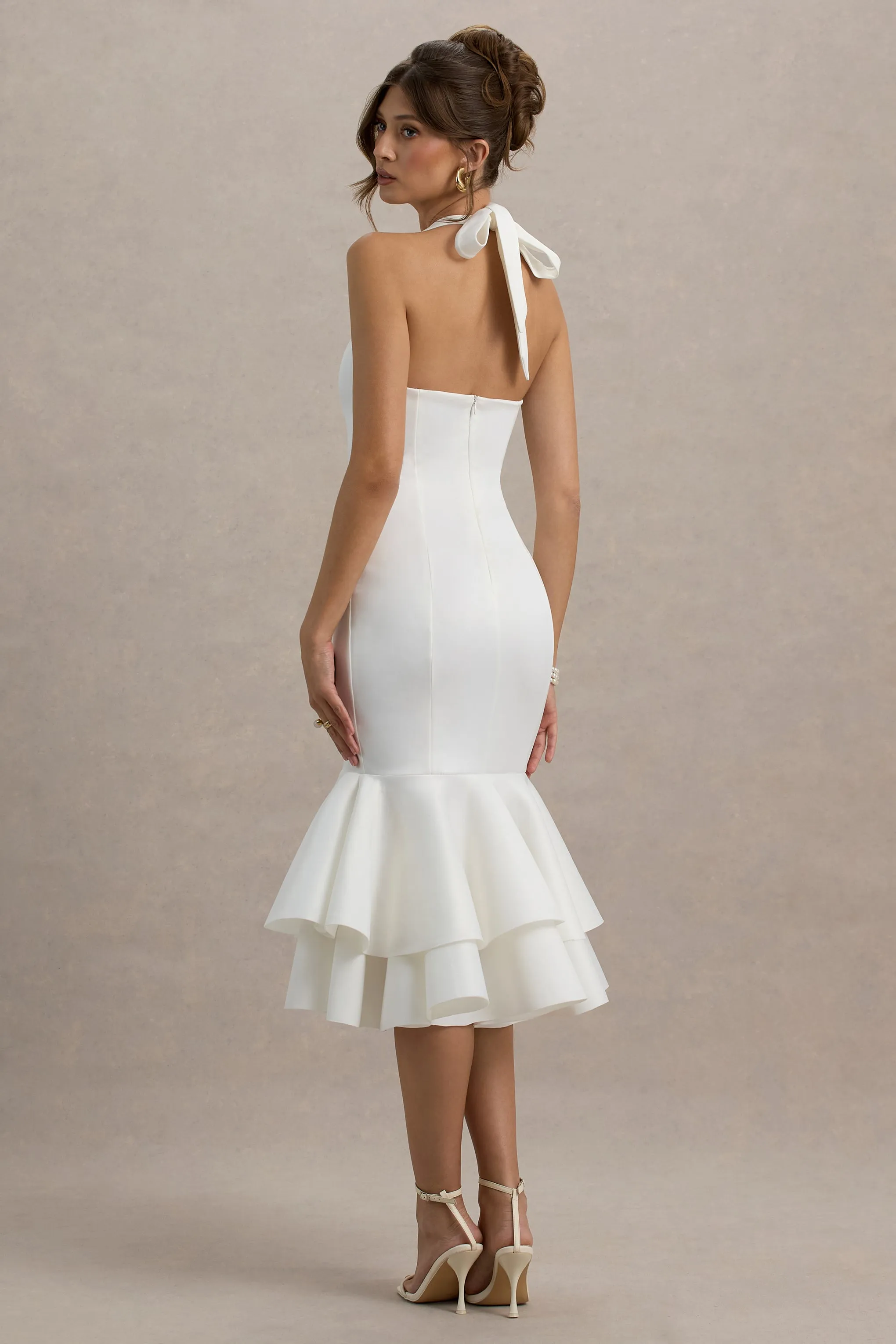 Arla | White Halter Neck Ruffle Trim Midi Dress Club L London