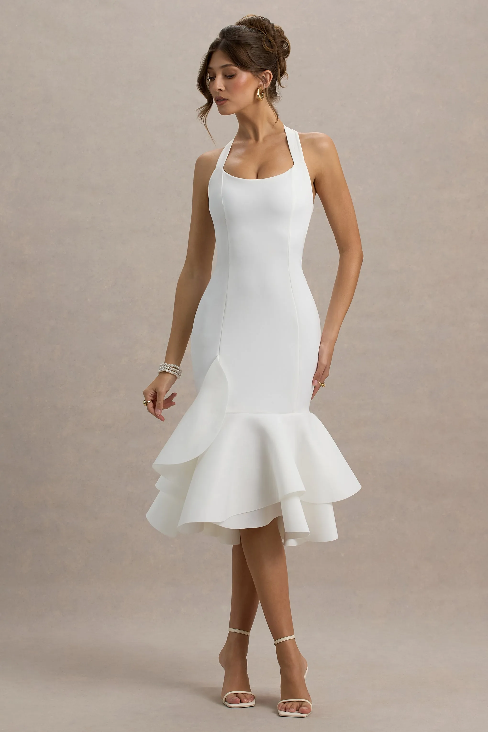 Arla | White Halter Neck Ruffle Trim Midi Dress Club L London