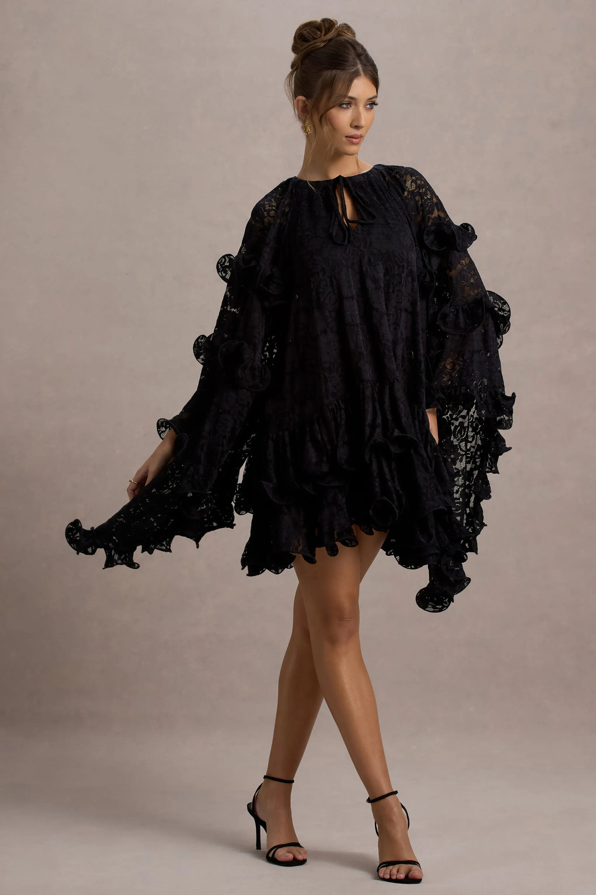 Arlington | Black Lace Cape-Sleeve Mini Dress Club L London