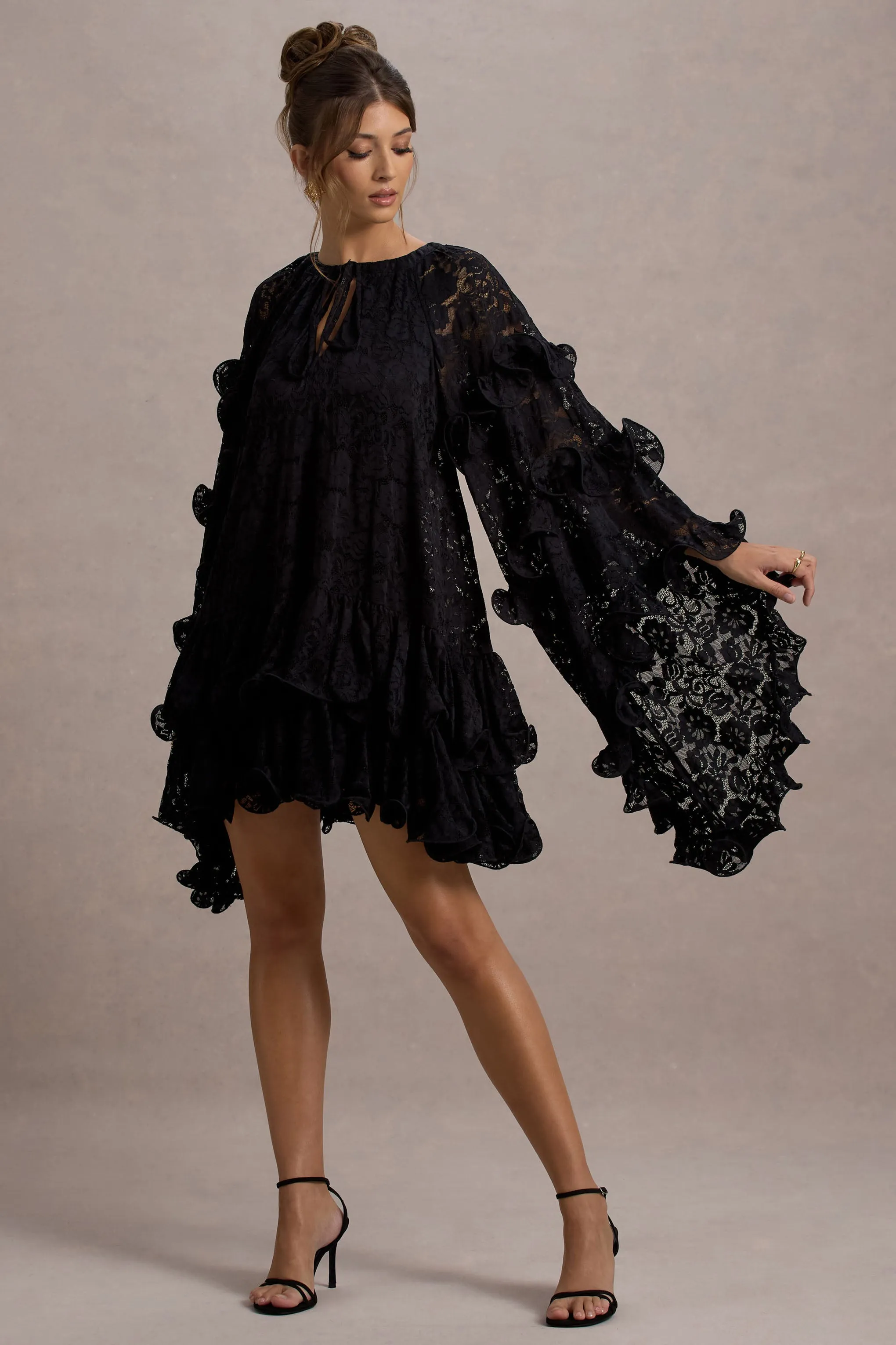 Arlington | Black Lace Cape-Sleeve Mini Dress Club L London