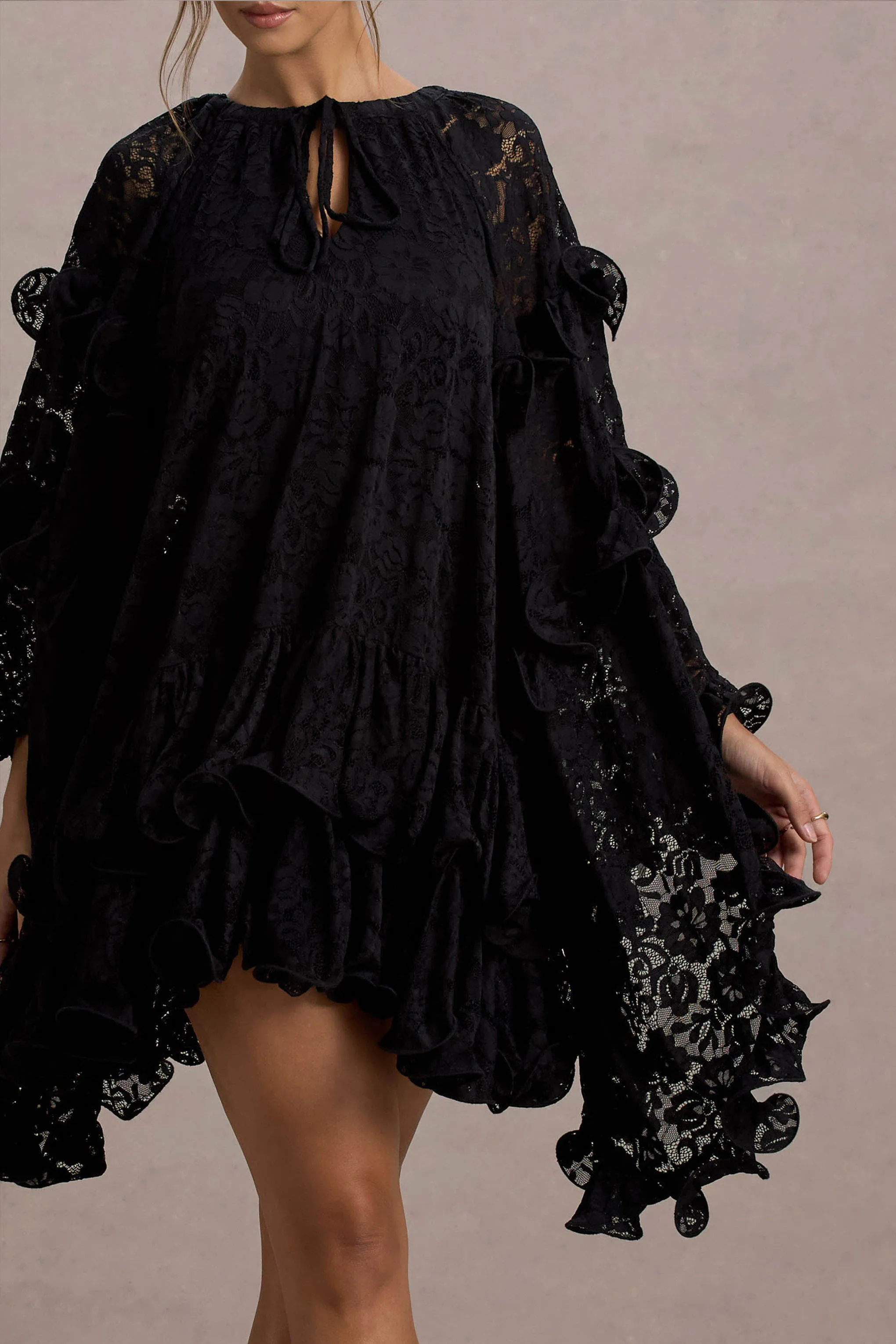Arlington | Black Lace Cape-Sleeve Mini Dress Club L London