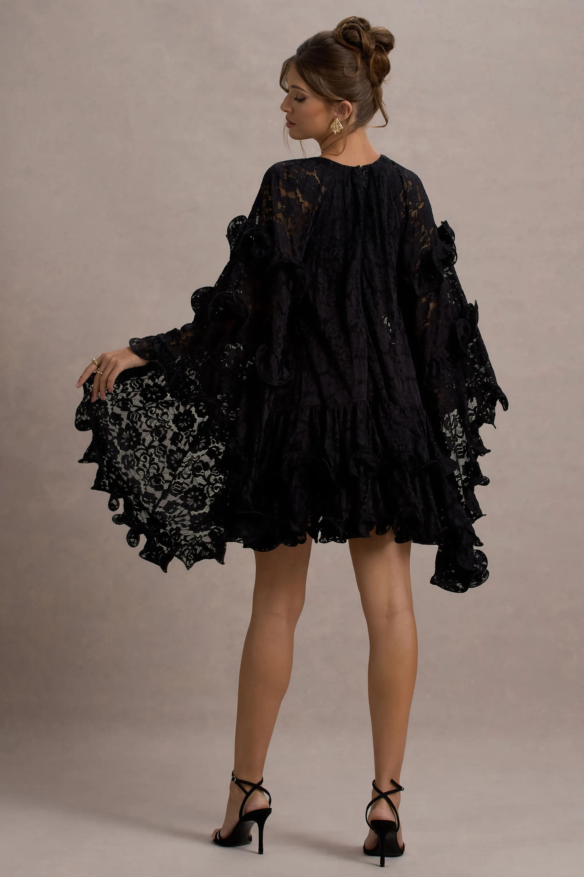 Arlington | Black Lace Cape-Sleeve Mini Dress Club L London