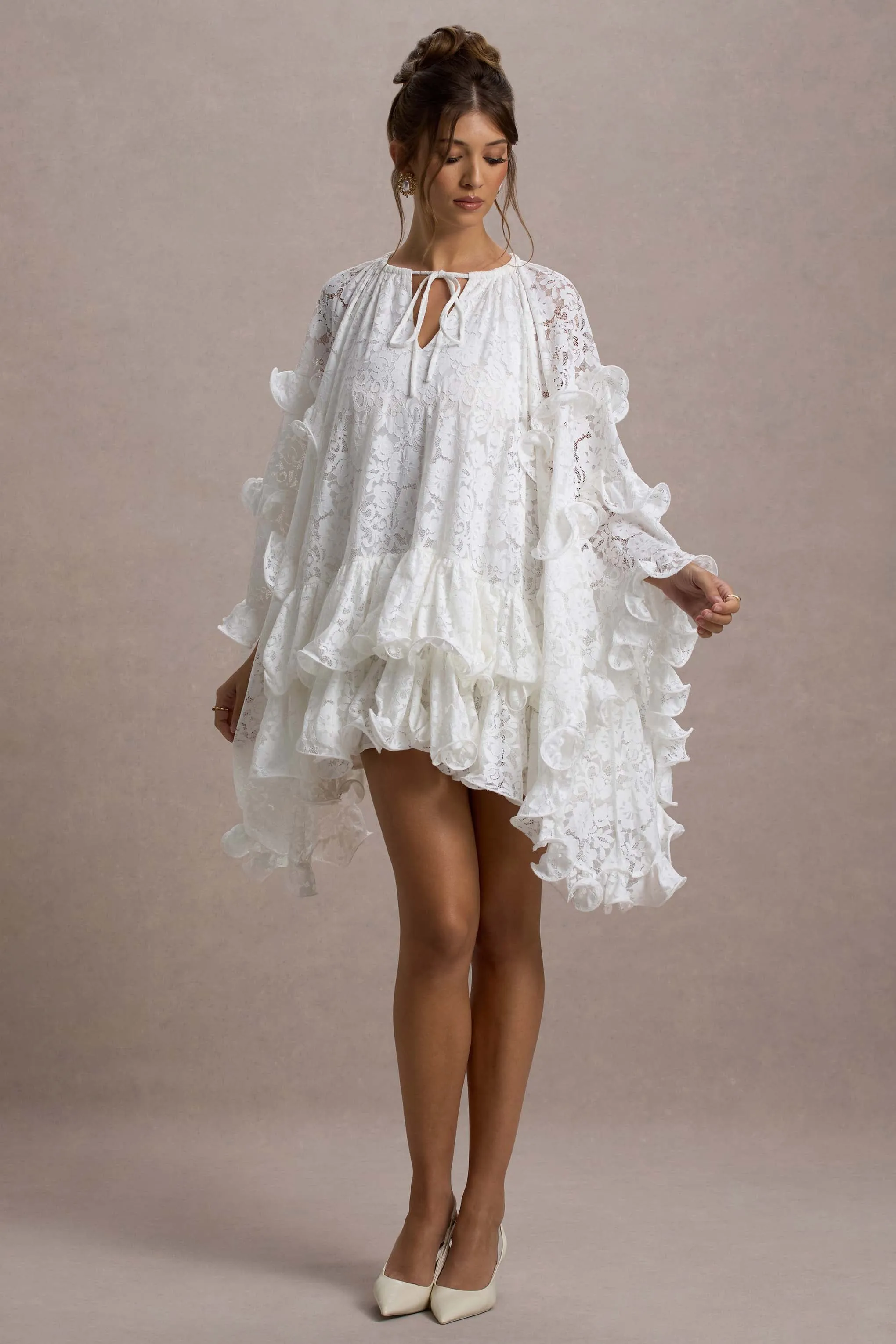 Arlington | White Lace Cape-Sleeve Mini Dress Club L London