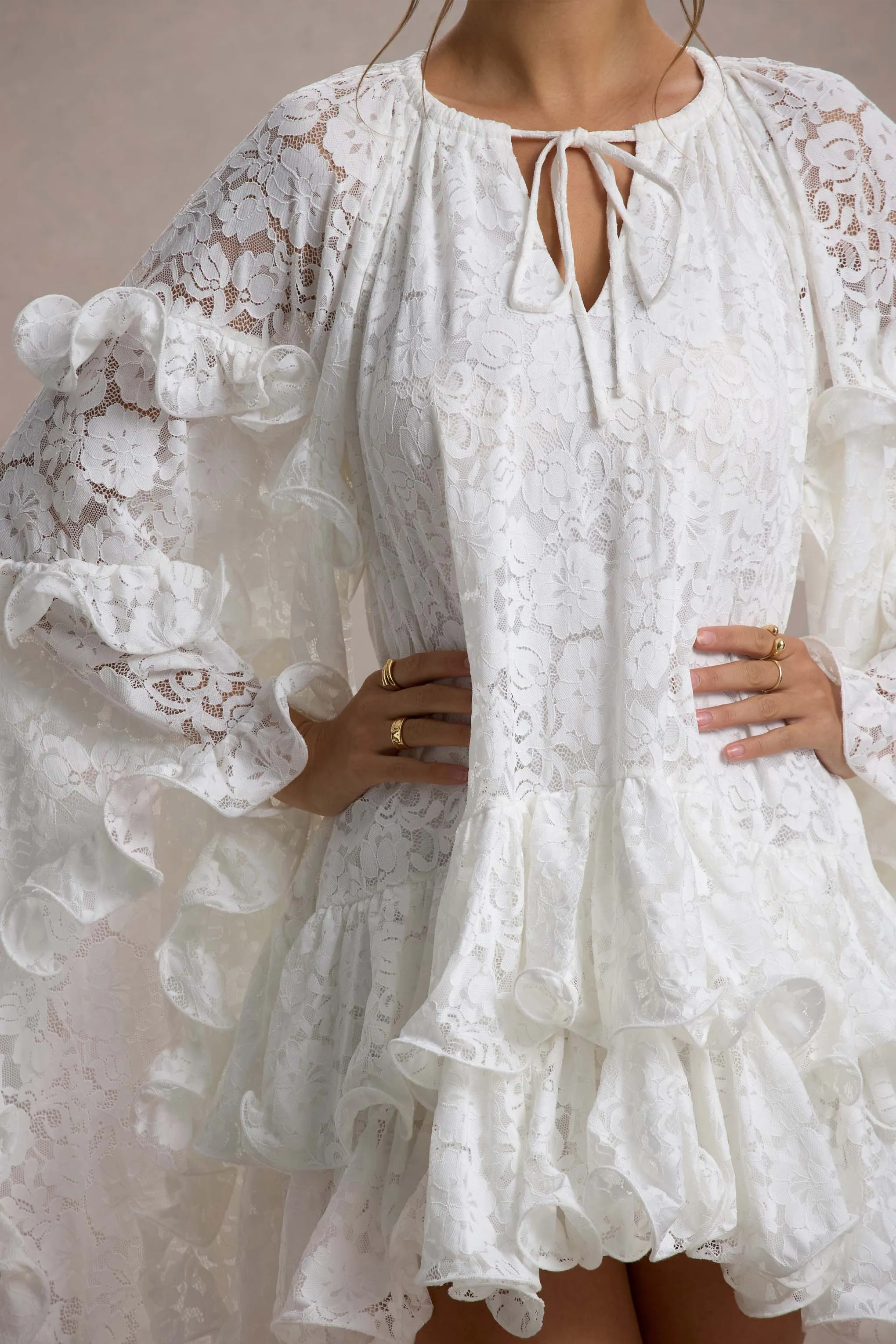 Arlington | White Lace Cape-Sleeve Mini Dress Club L London