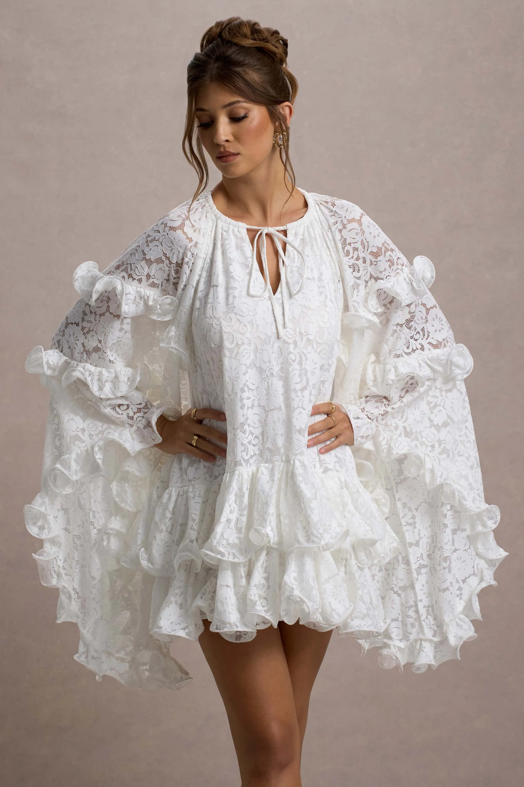 Arlington | White Lace Cape-Sleeve Mini Dress Club L London