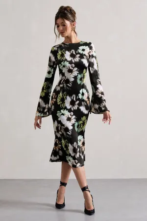 Arlitta | Black Floral Print Satin Long-Sleeve Midi Dress Club L London