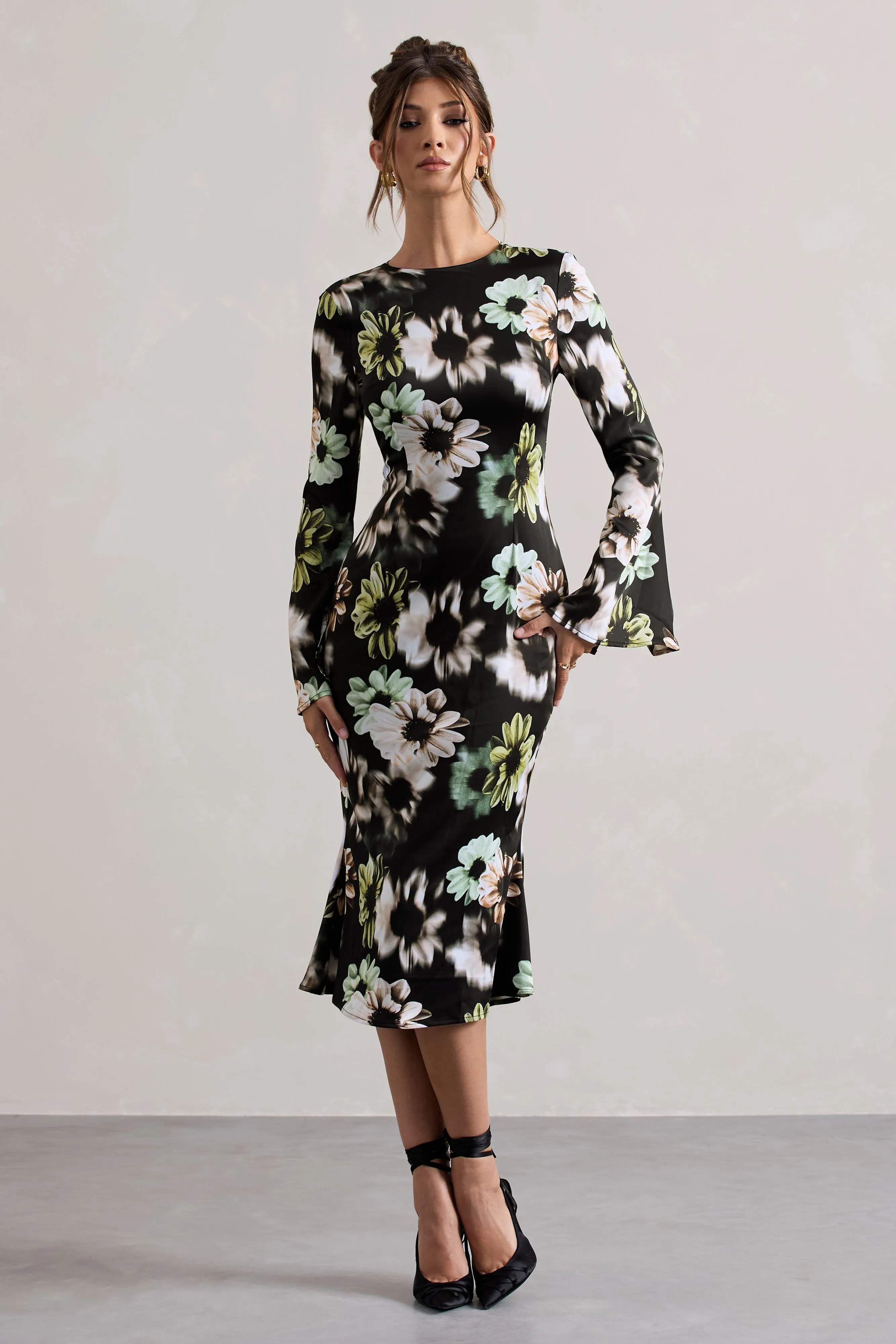 Arlitta | Black Floral Print Satin Long-Sleeve Midi Dress Club L London