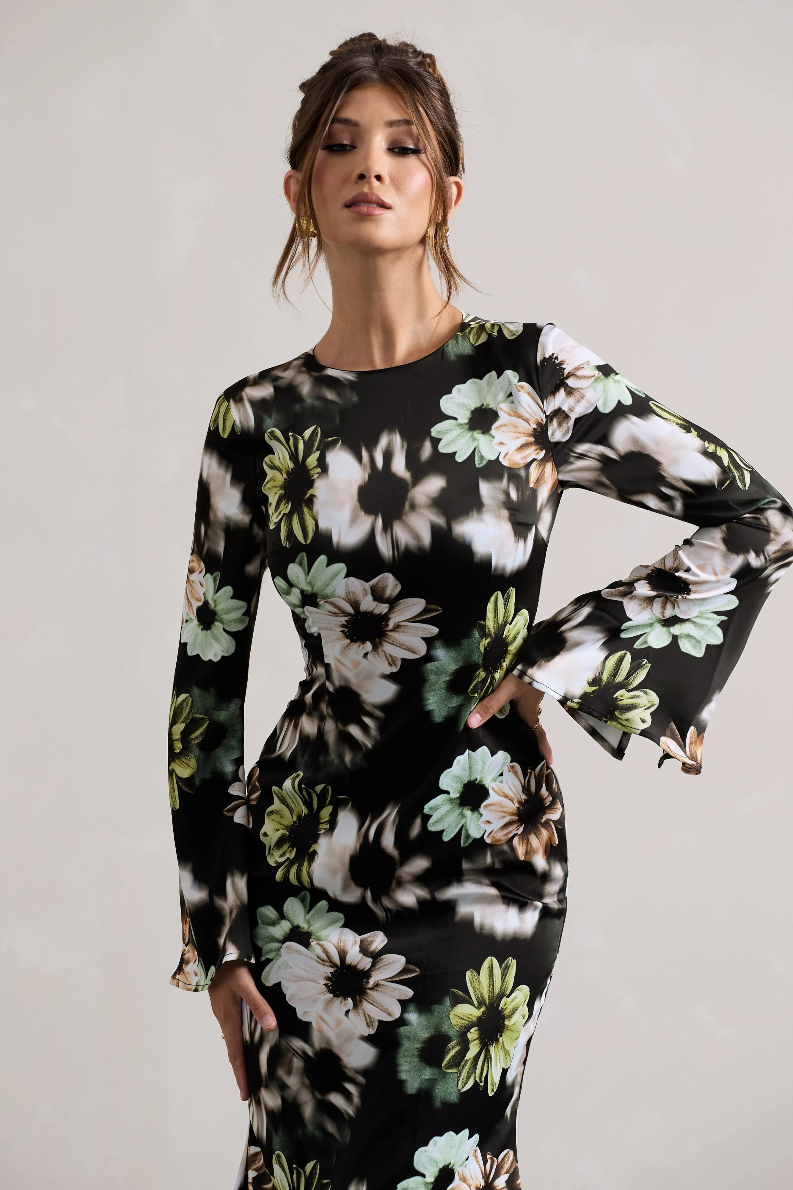 Arlitta | Black Floral Print Satin Long-Sleeve Midi Dress Club L London