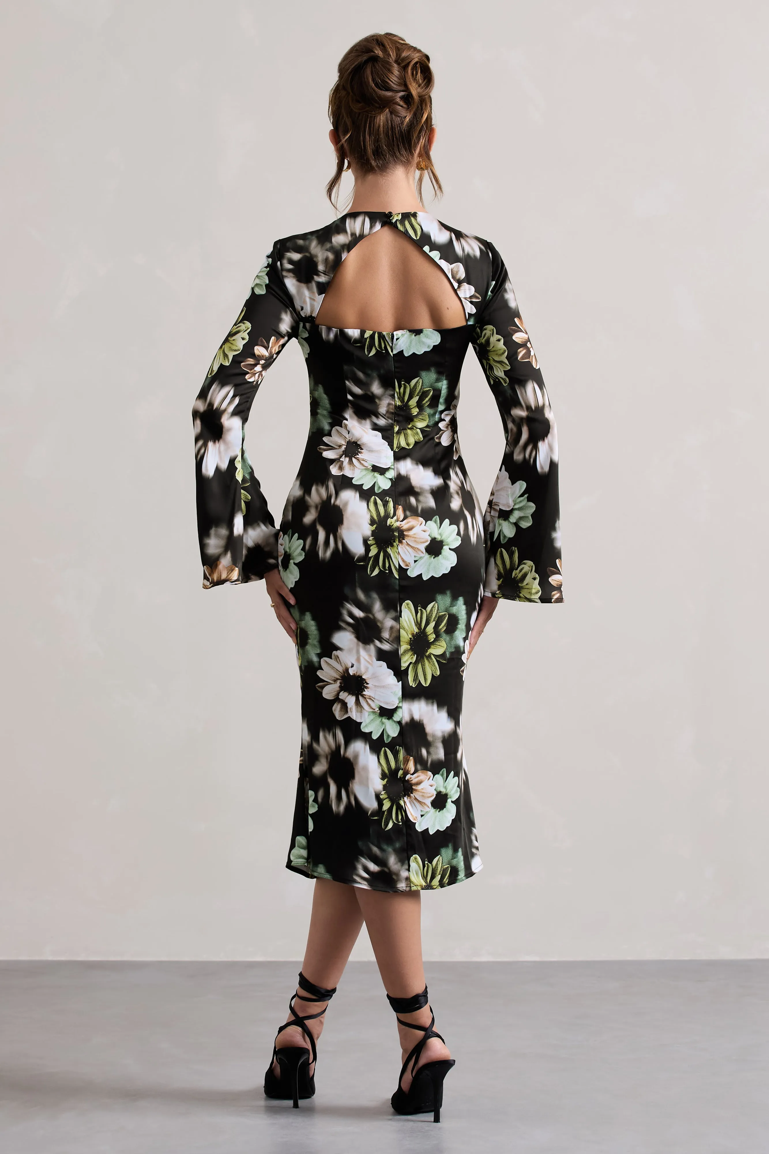 Arlitta | Black Floral Print Satin Long-Sleeve Midi Dress Club L London