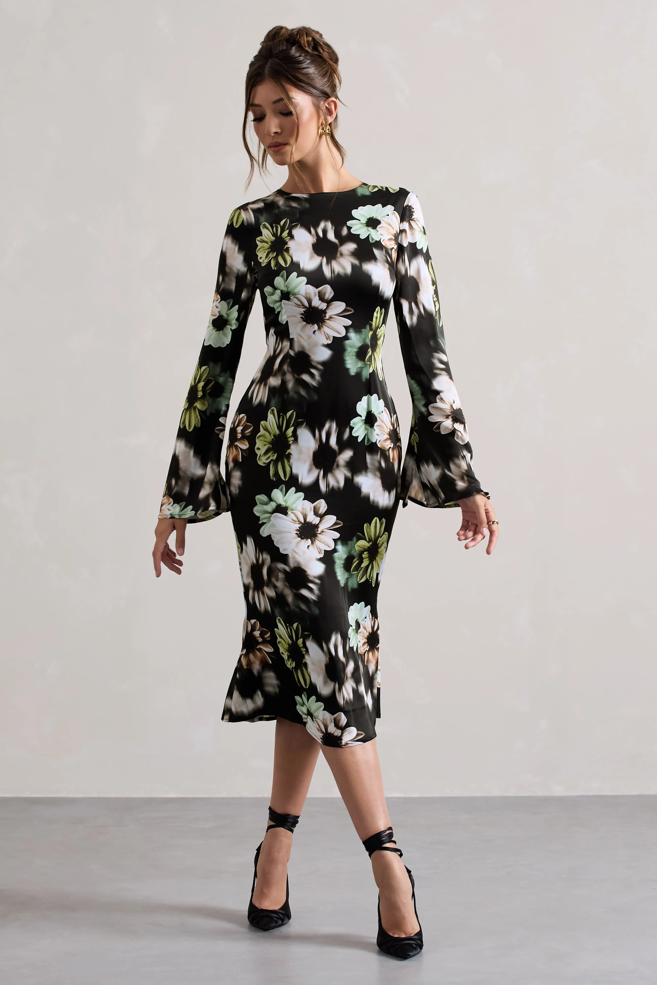 Arlitta | Black Floral Print Satin Long-Sleeve Midi Dress Club L London