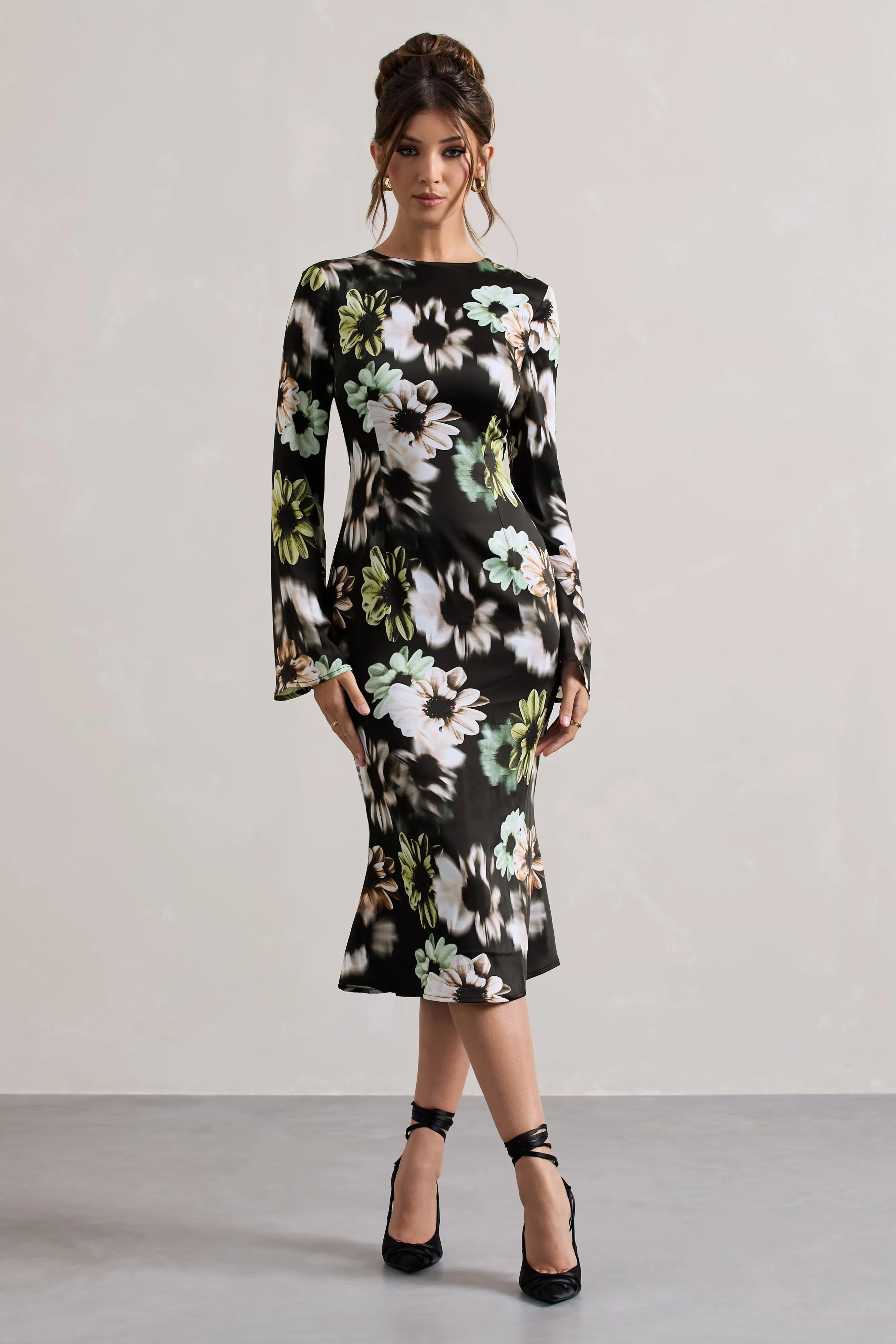 Arlitta | Black Floral Print Satin Long-Sleeve Midi Dress Club L London