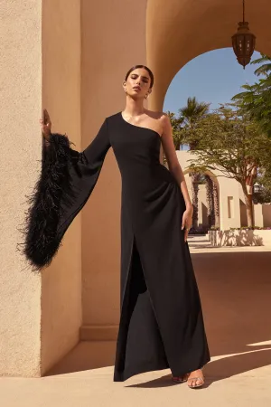 Armina | Black One-Shoulder Feather-Trim Maxi Dress Club L London
