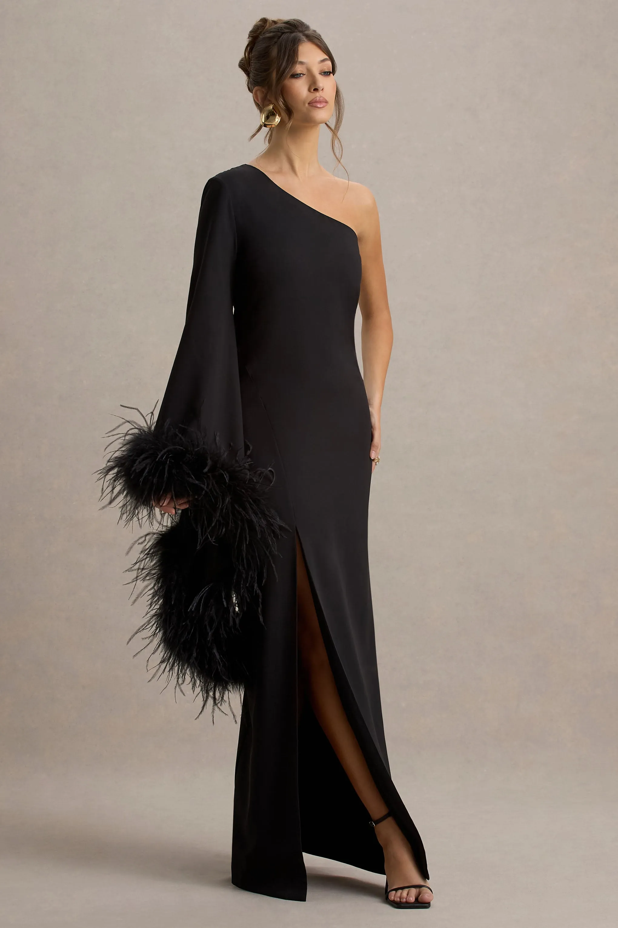Armina | Black One-Shoulder Feather-Trim Maxi Dress Club L London