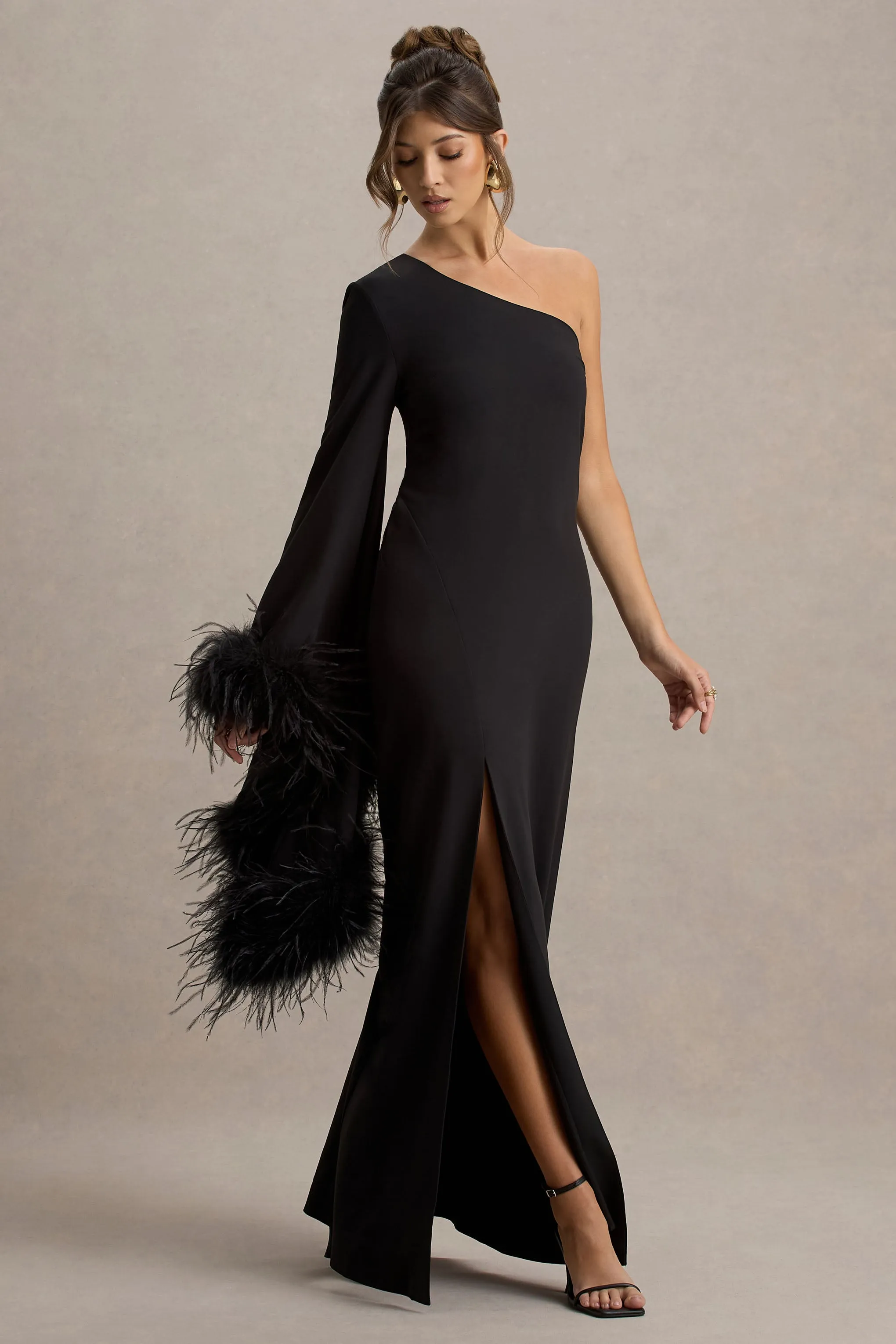 Armina | Black One-Shoulder Feather-Trim Maxi Dress Club L London