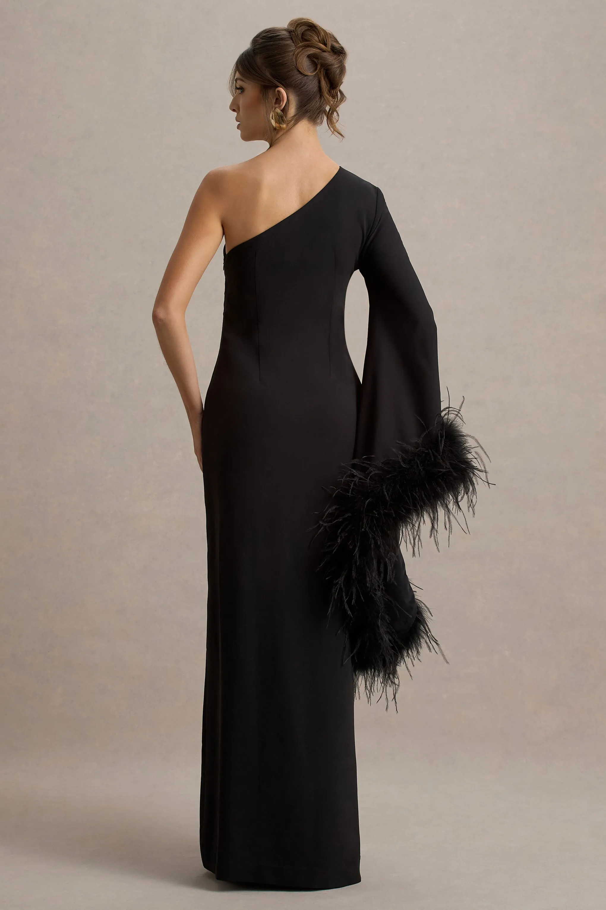 Armina | Black One-Shoulder Feather-Trim Maxi Dress Club L London