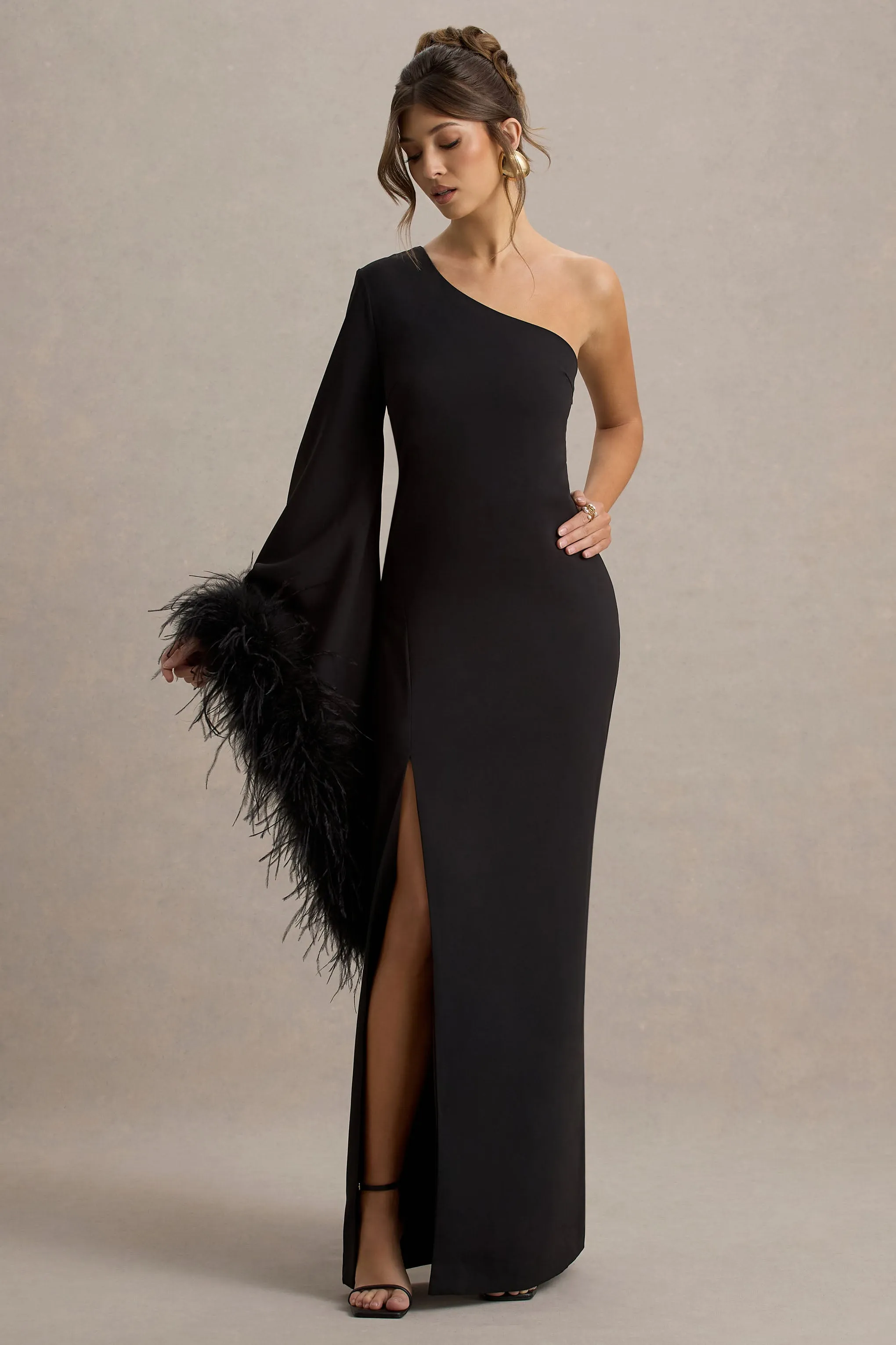 Armina | Black One-Shoulder Feather-Trim Maxi Dress Club L London