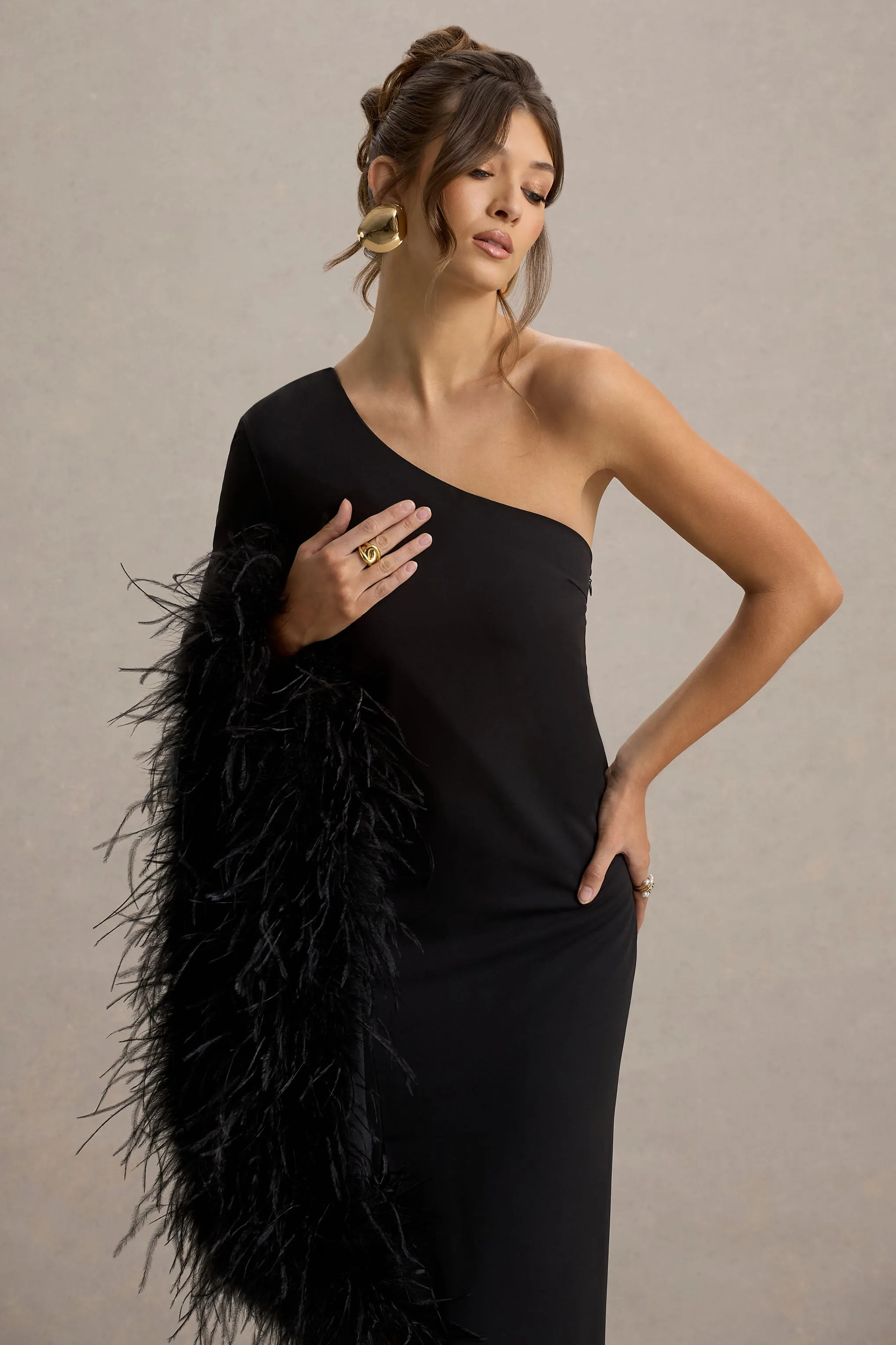 Armina | Black One-Shoulder Feather-Trim Maxi Dress Club L London