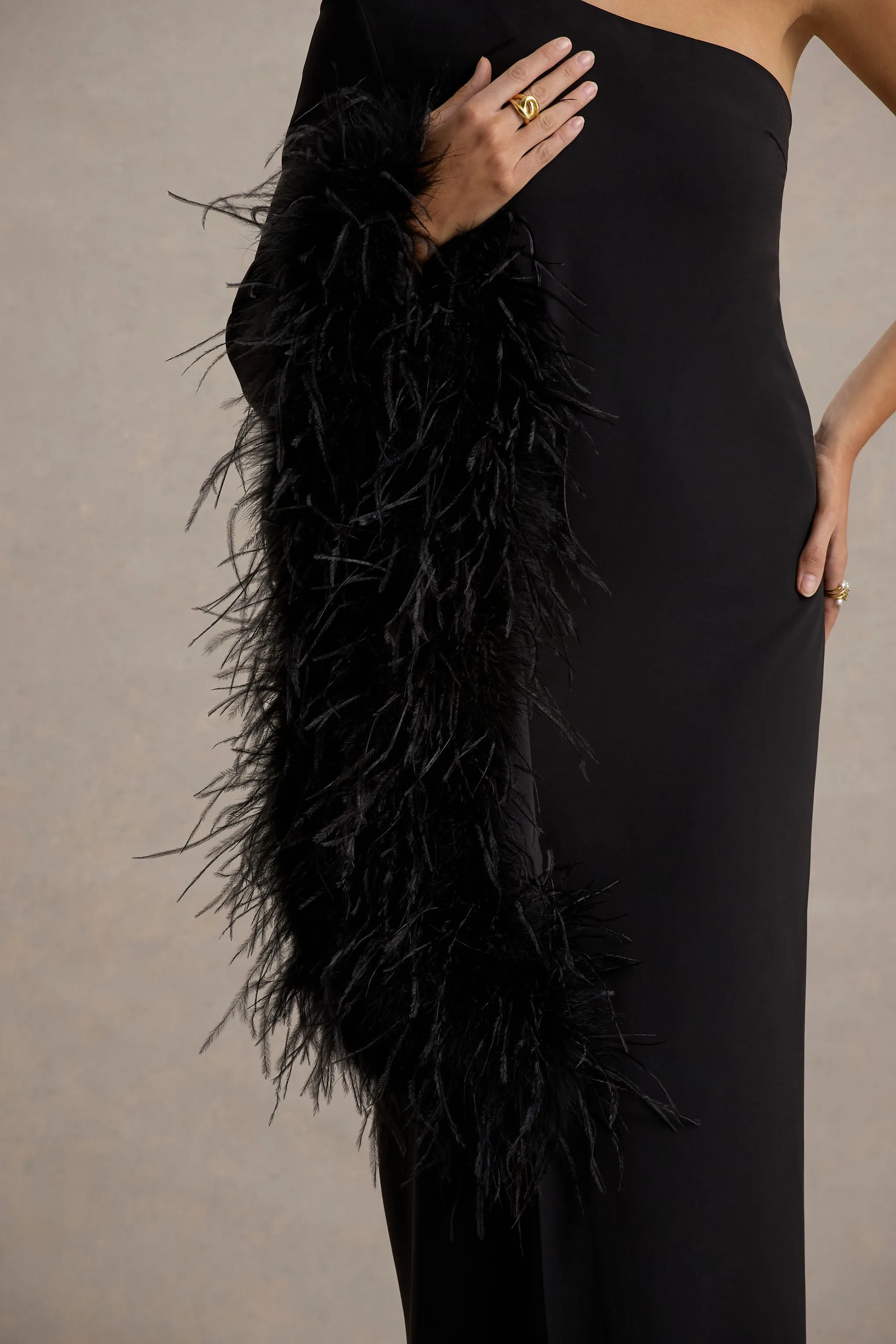 Armina | Black One-Shoulder Feather-Trim Maxi Dress Club L London