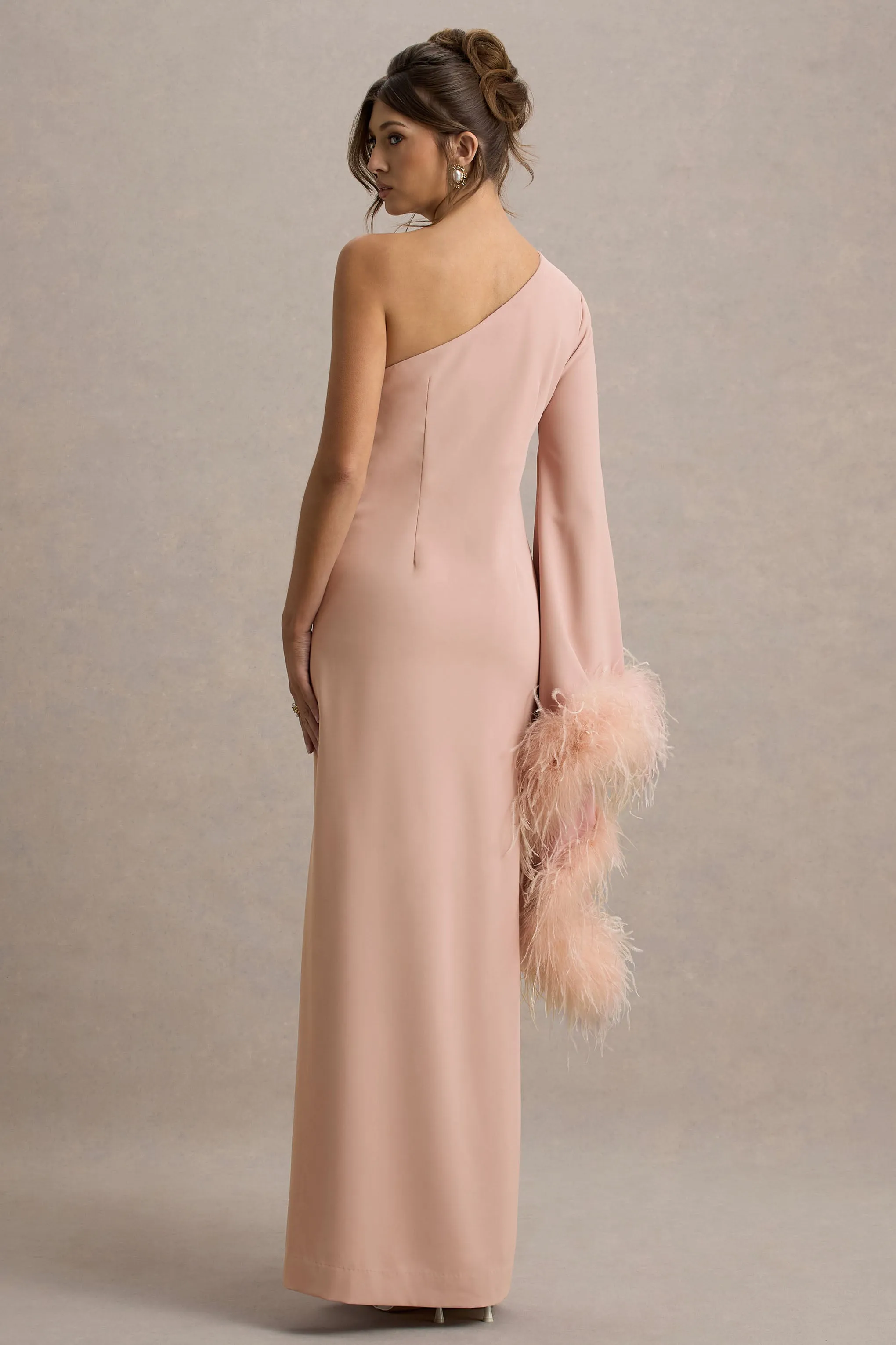 Armina | Blush Pink One-Shoulder Feather-Trim Maxi Dress Club L London