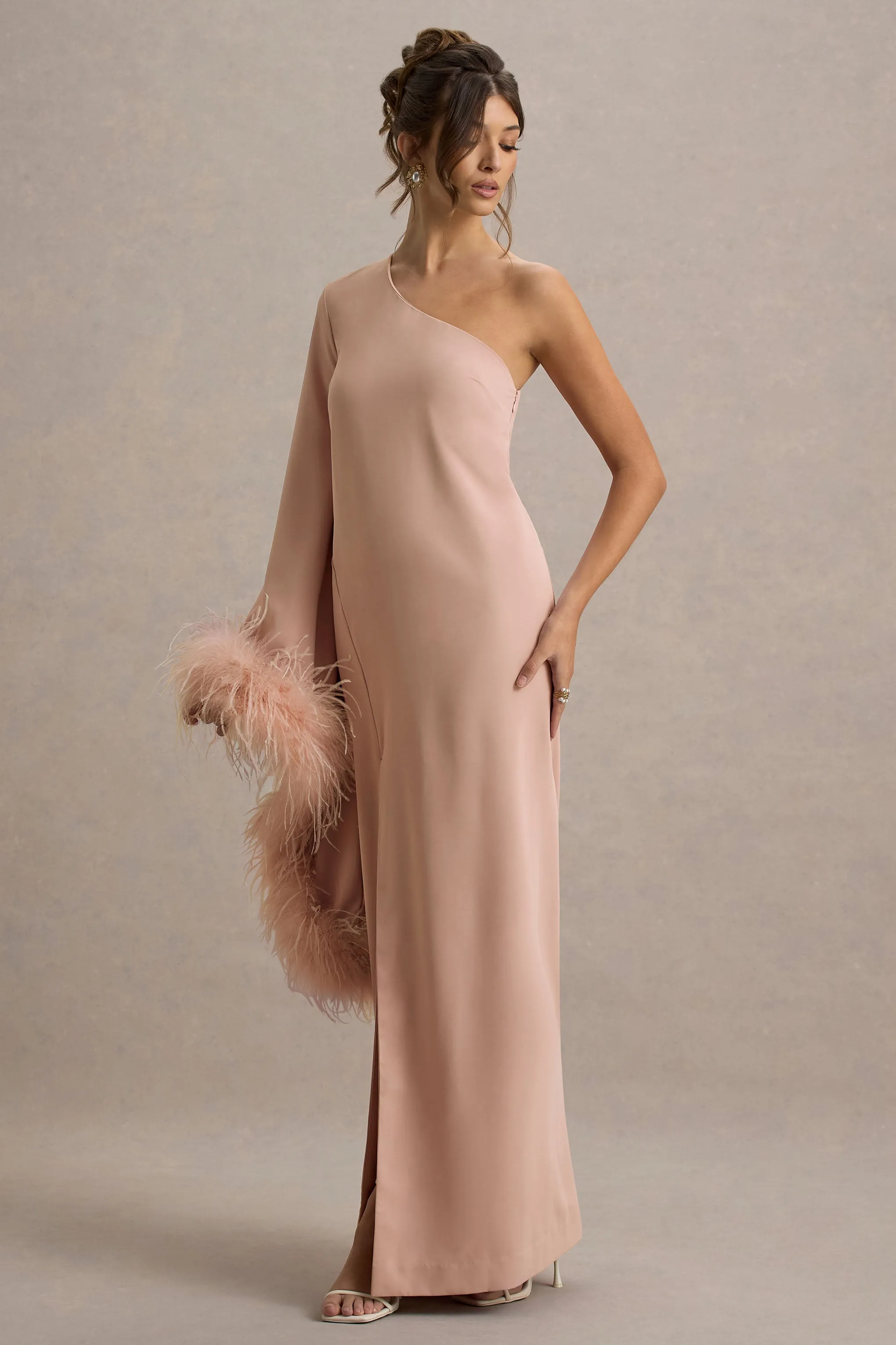 Armina | Blush Pink One-Shoulder Feather-Trim Maxi Dress Club L London