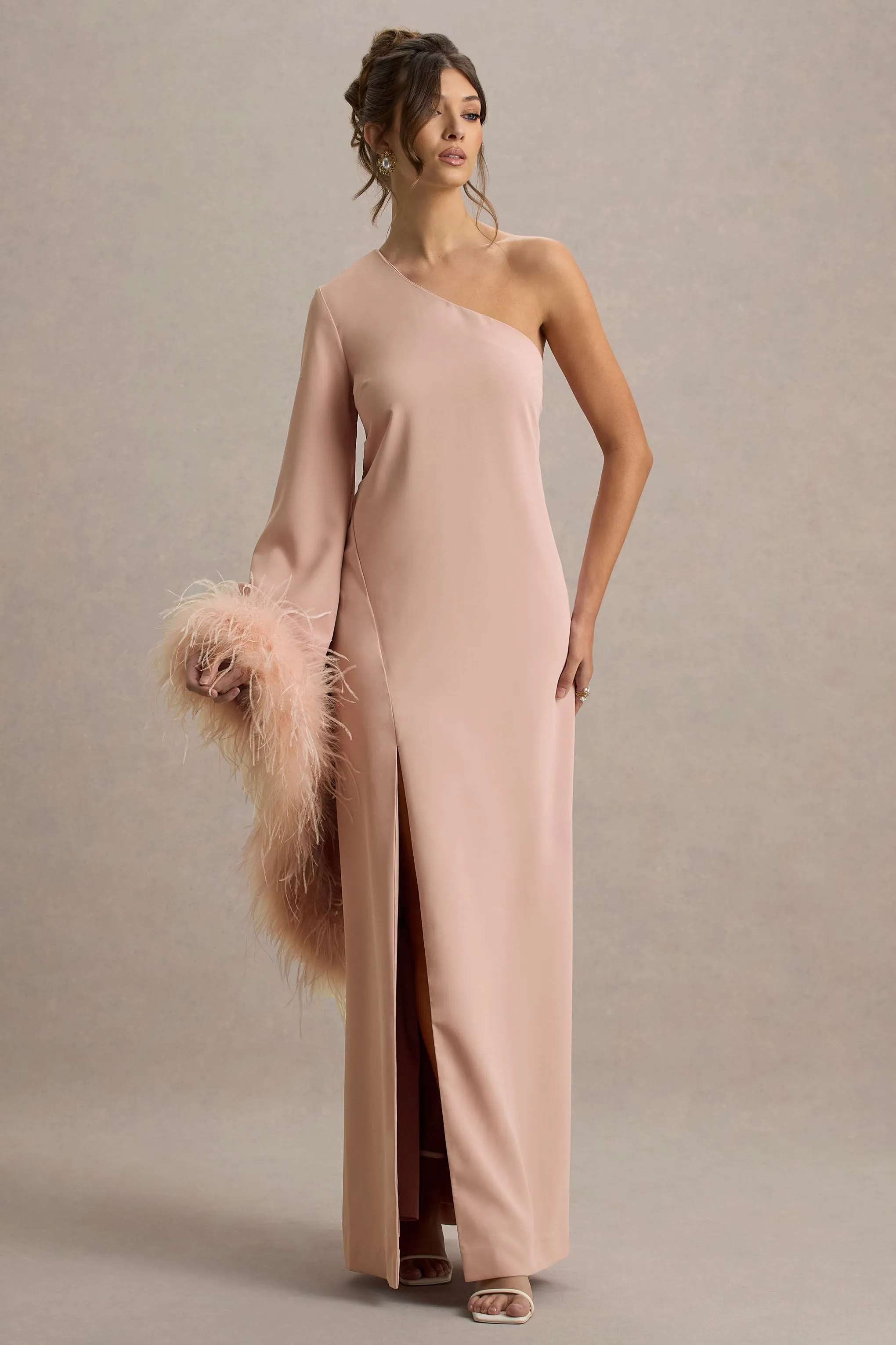 Armina | Blush Pink One-Shoulder Feather-Trim Maxi Dress Club L London