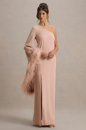Armina | Blush Pink One-Shoulder Feather-Trim Maxi Dress Club L London