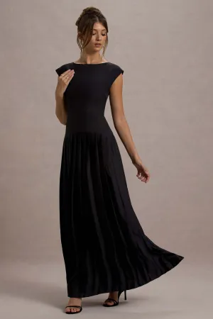 Arna | Black Boat-Neck Pleated Maxi Dress Club L London