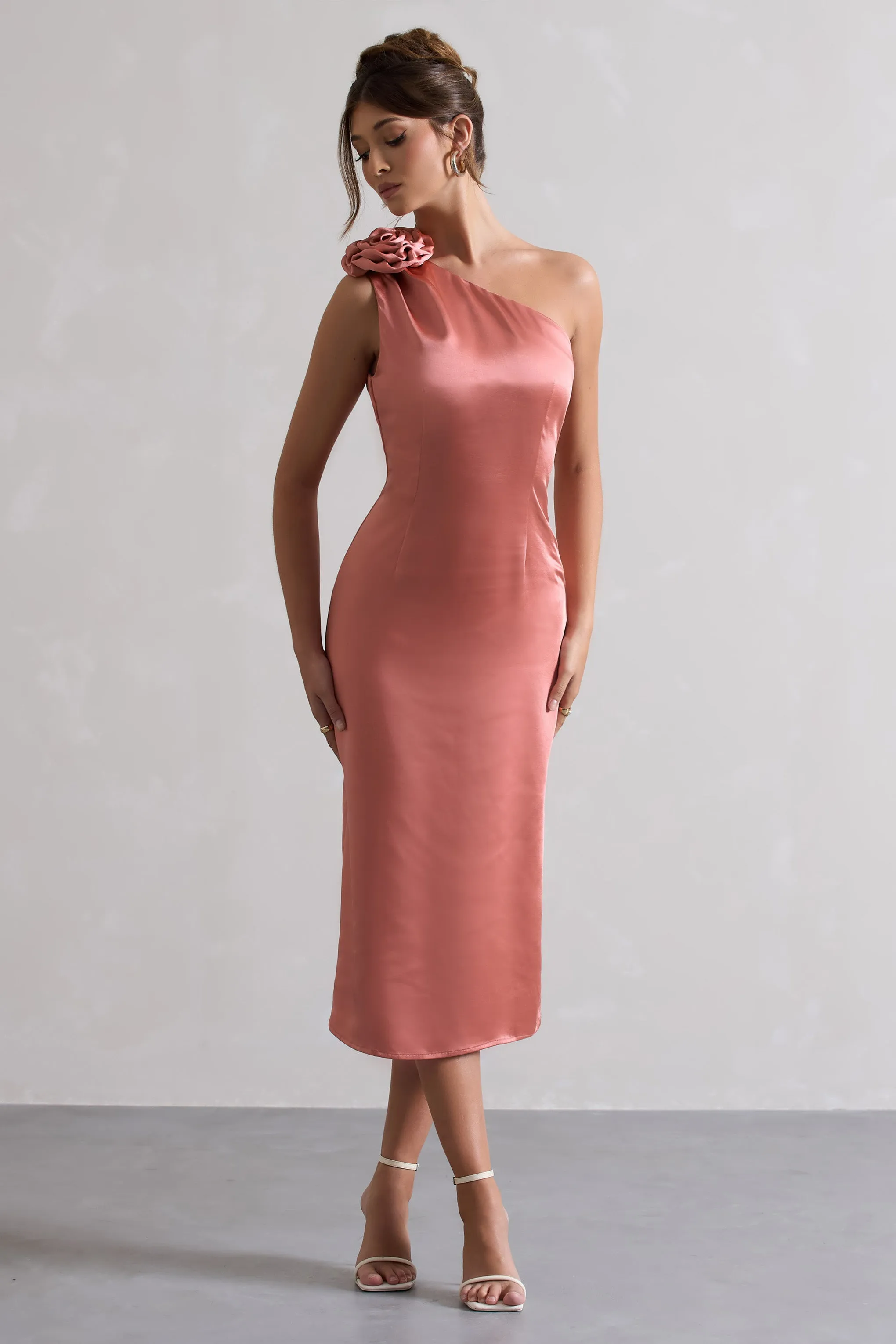 Ascot | Coral Satin One Shoulder Midi Dress With Corsage Club L London