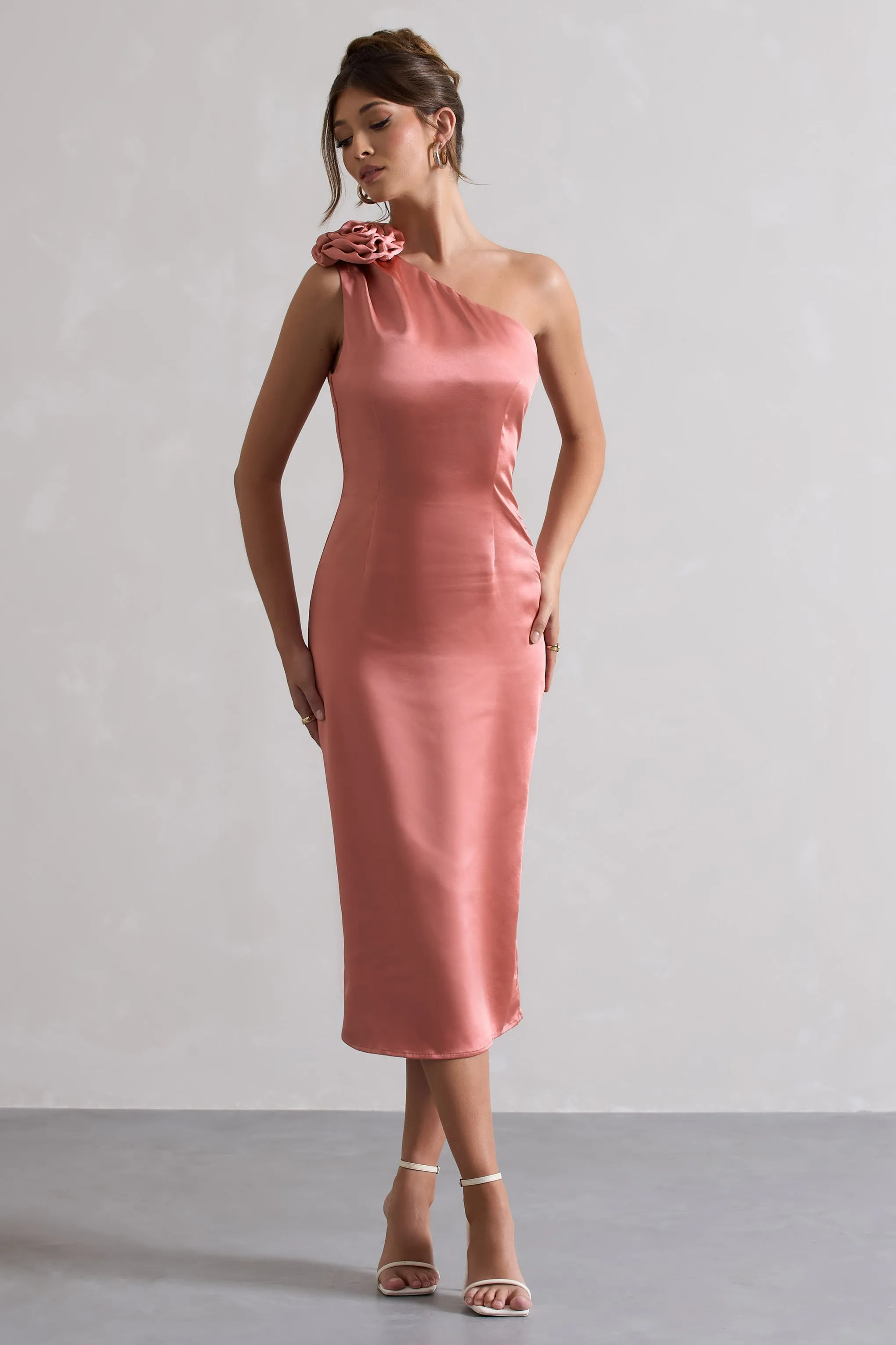 Ascot | Coral Satin One Shoulder Midi Dress With Corsage Club L London